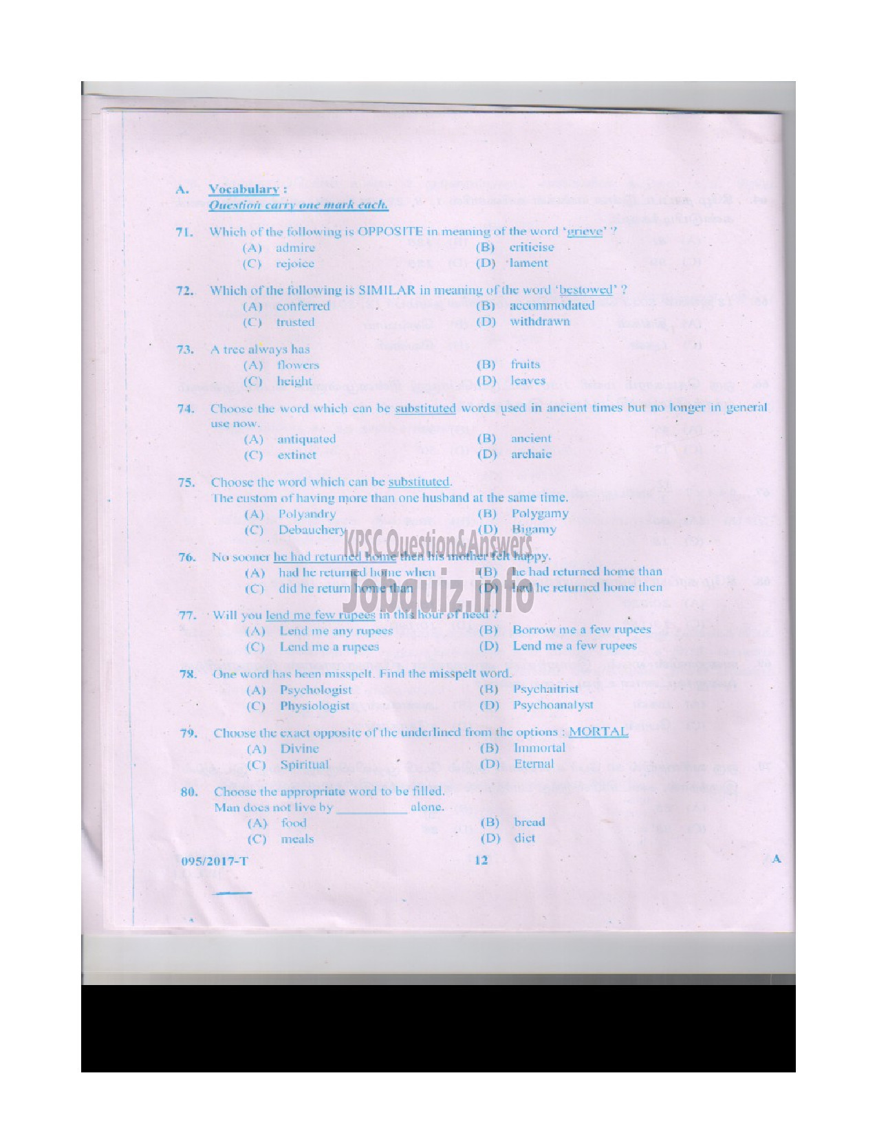 Kerala PSC Question Paper - LDC VARIOUS KOTTAYAM AND WAYANAD TAMIL-11