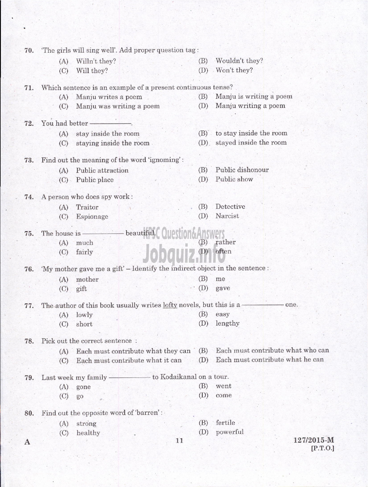 Kerala PSC Question Paper - LD CLERK/BILL COLLECTOR GCDA/MALE WARDEN SC DEVELOPMENT /SERGEANT VARIOUS / LD CLERK VARIOUS ( Malayalam ) -9