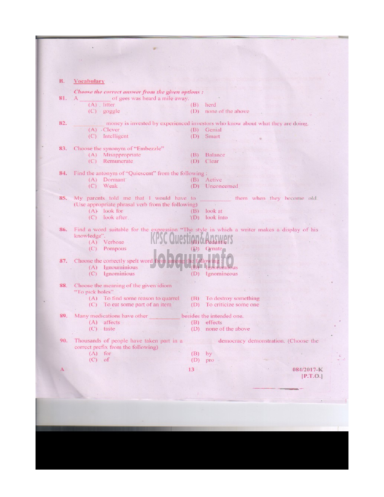 Kerala PSC Question Paper - LD.CLERK VARIOUS PATHANAMTHITTA AND PALAKKAD KANNADA QUESTION PAPER-12