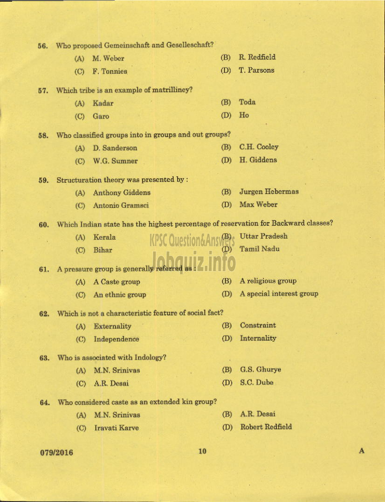 Kerala PSC Question Paper - LECTURER GR I I SOCIAL EDUCATION RURAL DEVELOPMENT-8