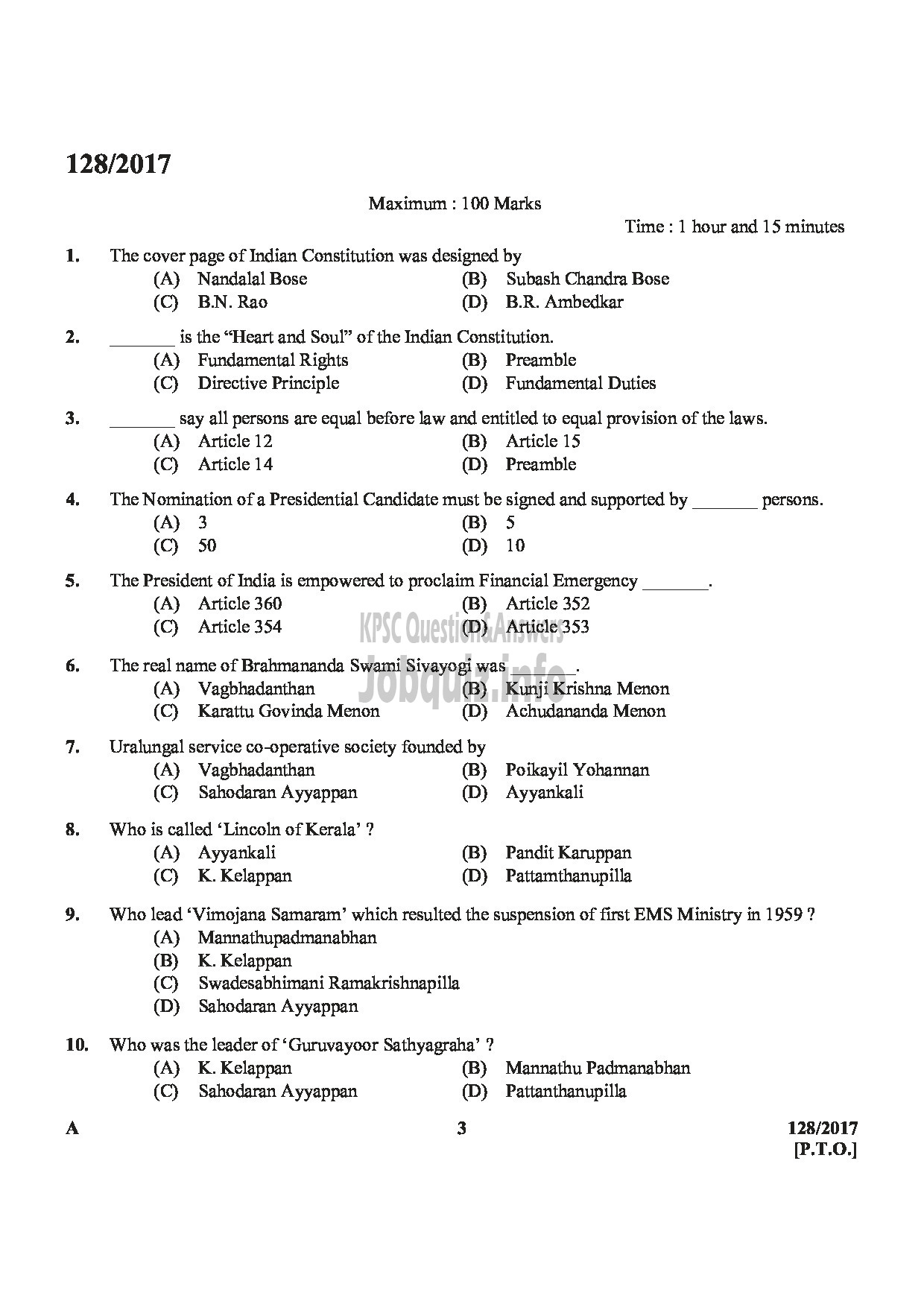 Kerala PSC Question Paper - LECTURER IN ANATOMY/ASST.INSURANCE MEDICAL OFFICER MEDICAL EDUCATION SERVICE/ INSURANCE MEDICAL SERVICES-3