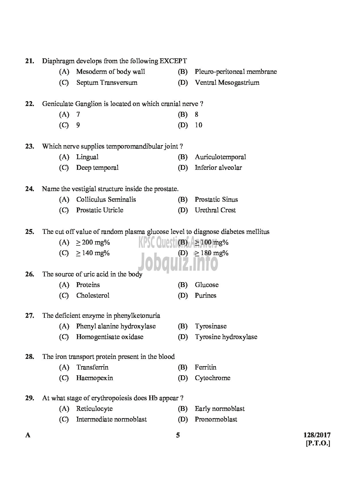 Kerala PSC Question Paper - LECTURER IN ANATOMY/ASST.INSURANCE MEDICAL OFFICER MEDICAL EDUCATION SERVICE/ INSURANCE MEDICAL SERVICES-5