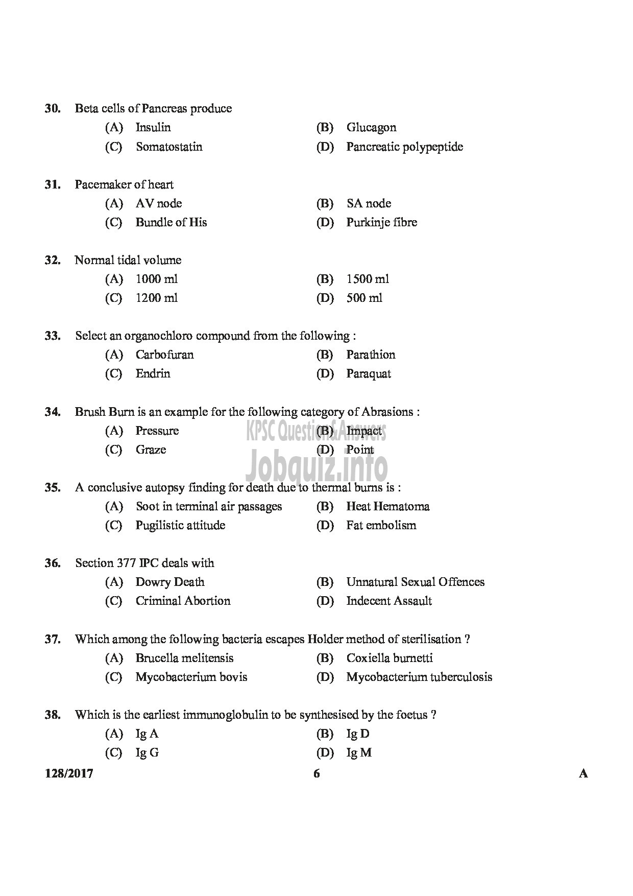Kerala PSC Question Paper - LECTURER IN ANATOMY/ASST.INSURANCE MEDICAL OFFICER MEDICAL EDUCATION SERVICE/ INSURANCE MEDICAL SERVICES-6