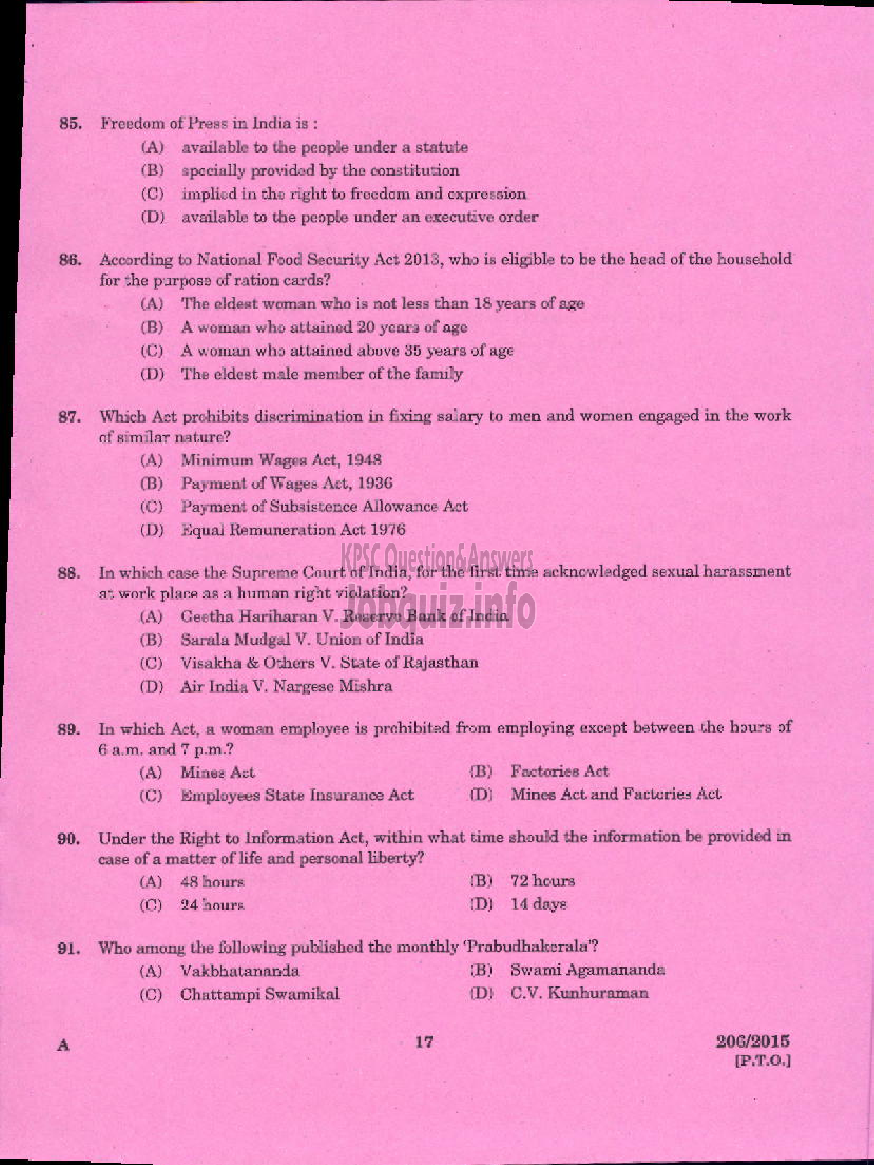 Kerala PSC Question Paper - LECTURER IN ARABIC KERALA COLLEGIATE EDUCATION-15