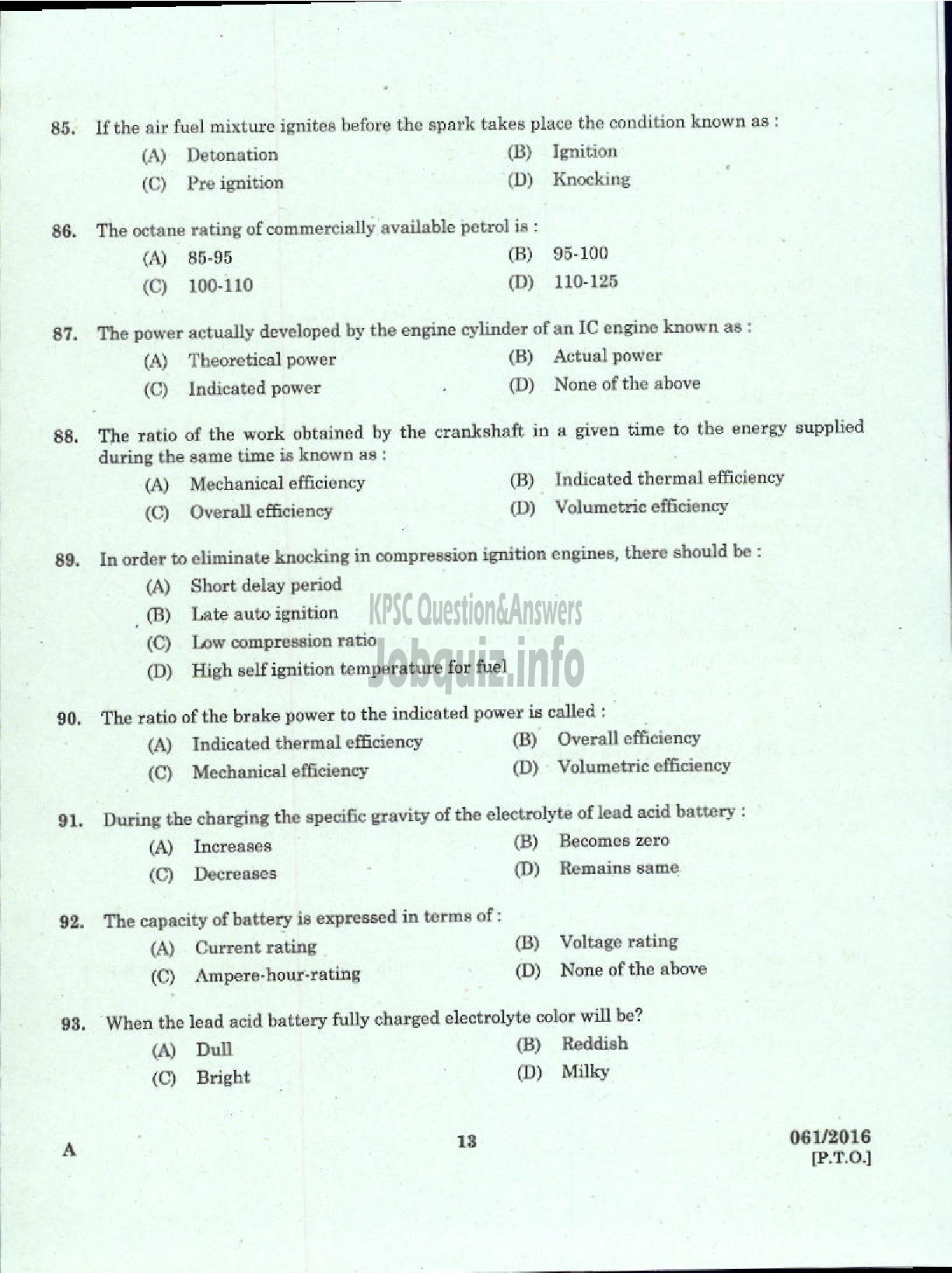 Kerala PSC Question Paper - LECTURER IN AUTOMOBILE ENGINEERING POLYTECHNICS TECHNICAL EDUCATION-11