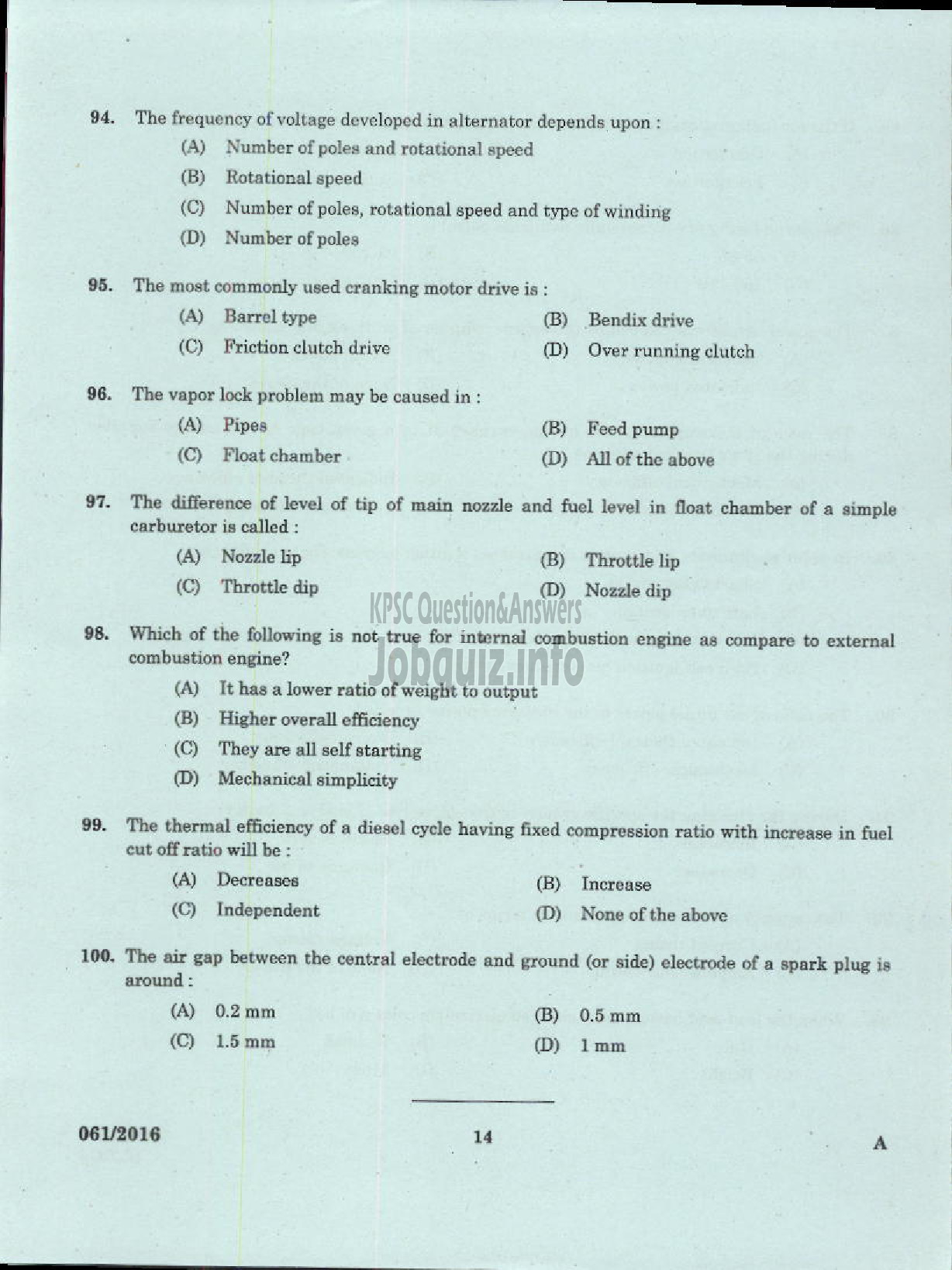 Kerala PSC Question Paper - LECTURER IN AUTOMOBILE ENGINEERING POLYTECHNICS TECHNICAL EDUCATION-12