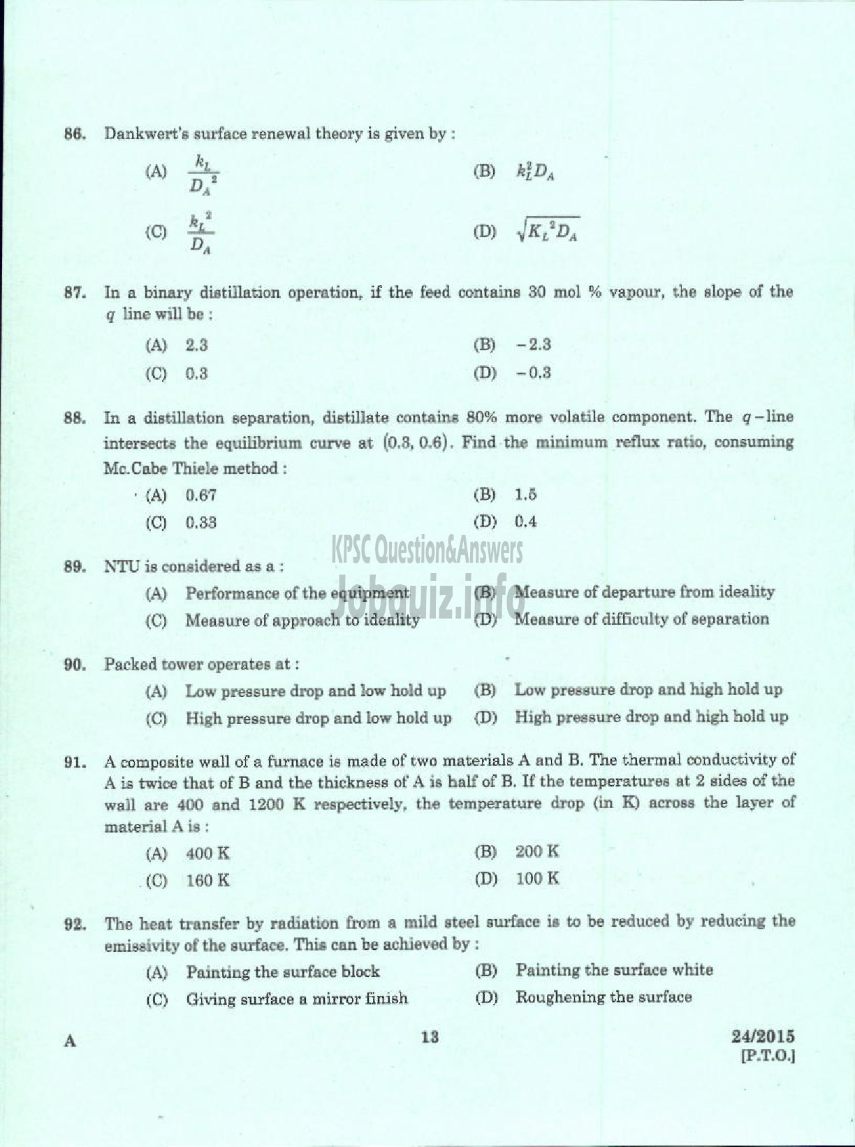 Kerala PSC Question Paper - LECTURER IN CHEMICAL ENGINEERING POLYTECHNICS KERALA TECHNICAL EDUCATION-11