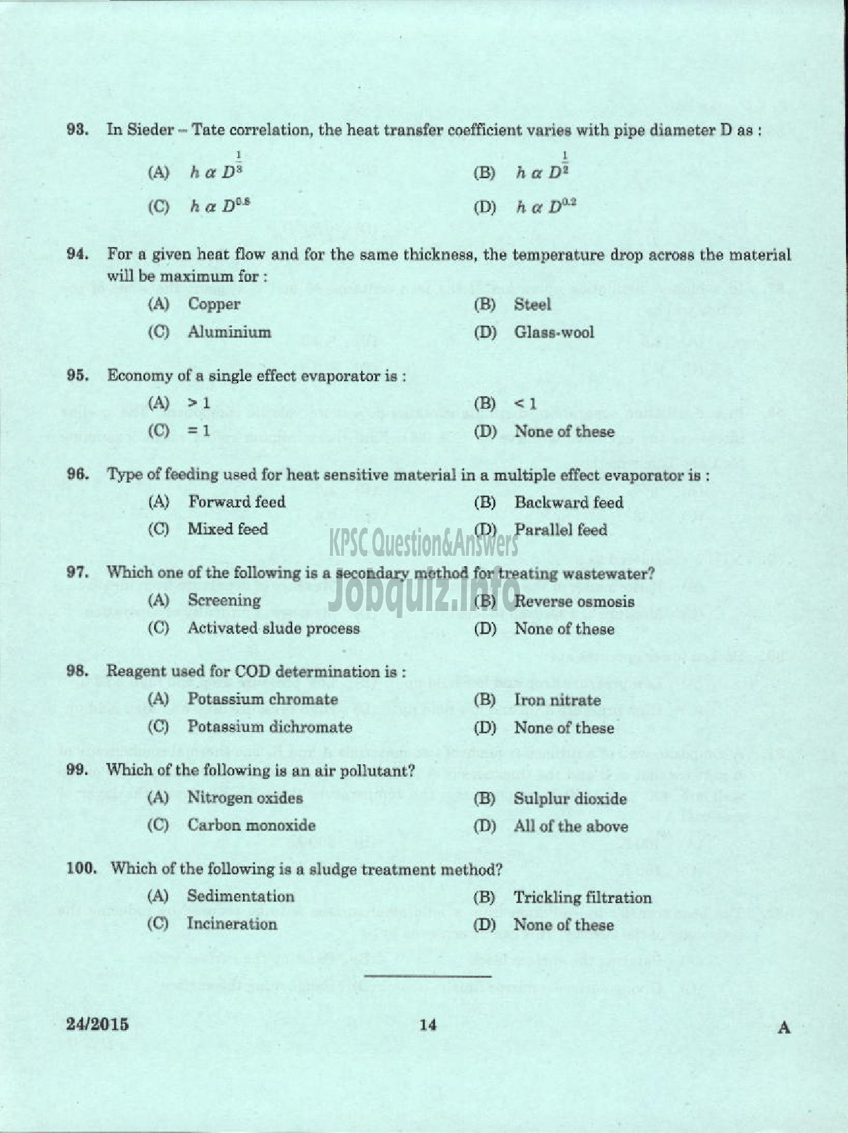 Kerala PSC Question Paper - LECTURER IN CHEMICAL ENGINEERING POLYTECHNICS KERALA TECHNICAL EDUCATION-12