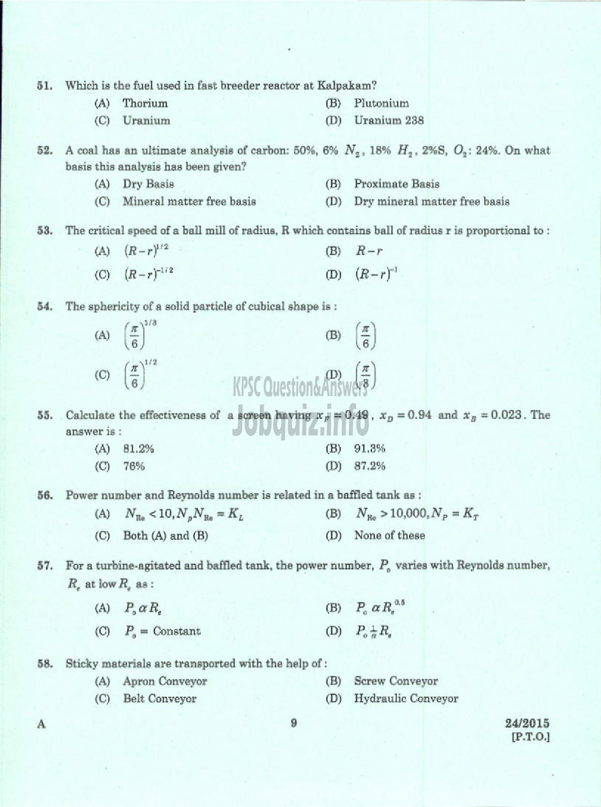 Kerala PSC Question Paper - LECTURER IN CHEMICAL ENGINEERING POLYTECHNICS KERALA TECHNICAL EDUCATION-7