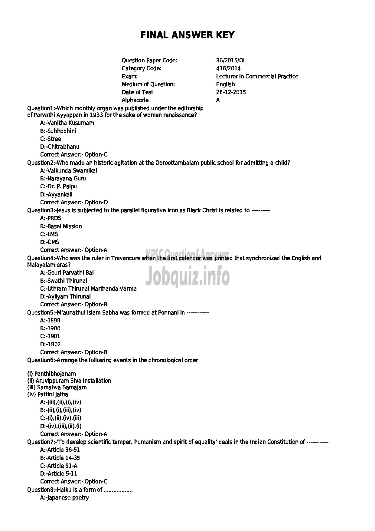 Kerala PSC Question Paper - LECTURER IN COMMERCIAL PRACTICE TECHNICAL EDUCATION POLYTECHNIC COLLEGES-1