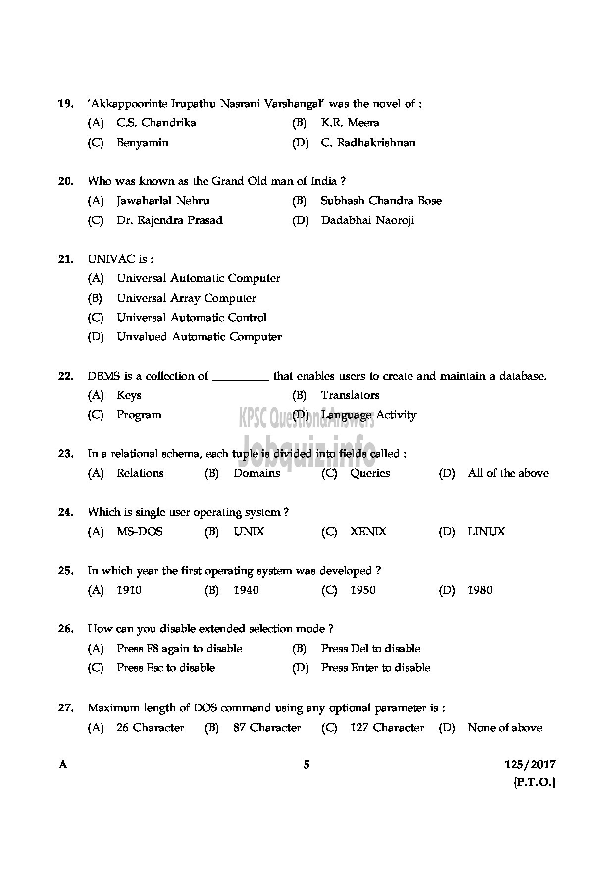 Kerala PSC Question Paper - LECTURER IN COMPUTER APPLICATION COLLEGIATE EDUCATION-5