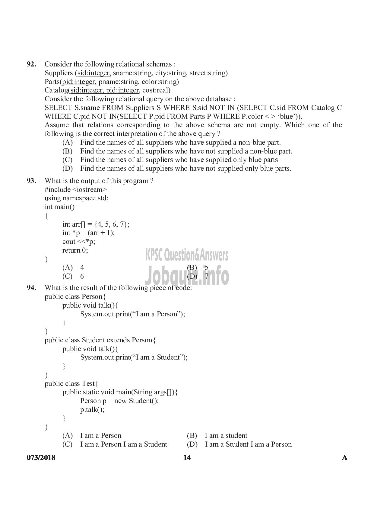 Kerala PSC Question Paper - LECTURER IN COMPUTER SCIENCE COLLEGIATE EDUCATION-14