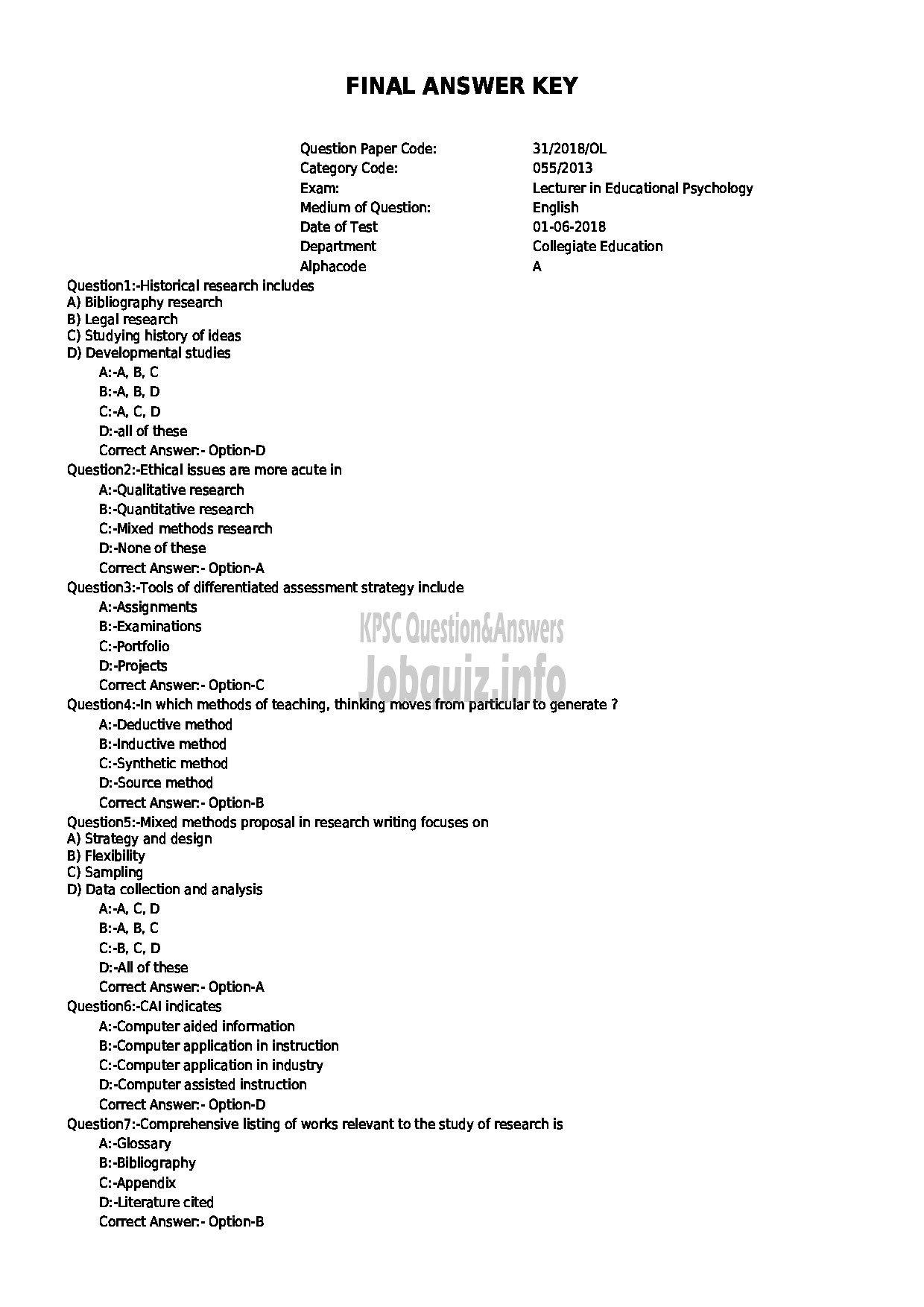 Kerala PSC Question Paper - LECTURER IN EDUCATIONAL PSYCHOLOGY COLLEGIATE EDUCATION-1