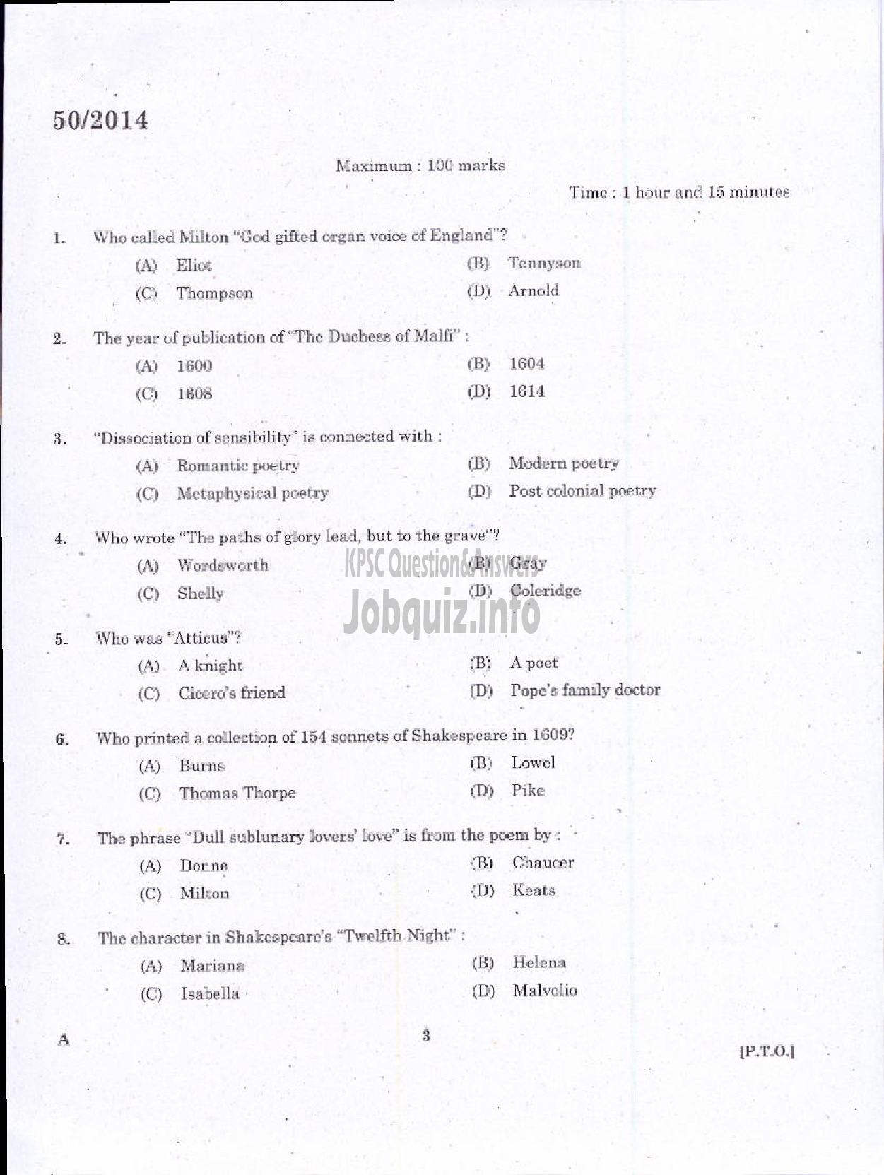 Kerala PSC Question Paper - LECTURER IN ENGLISH KERALA COLLEGIATE EDUCATION-1