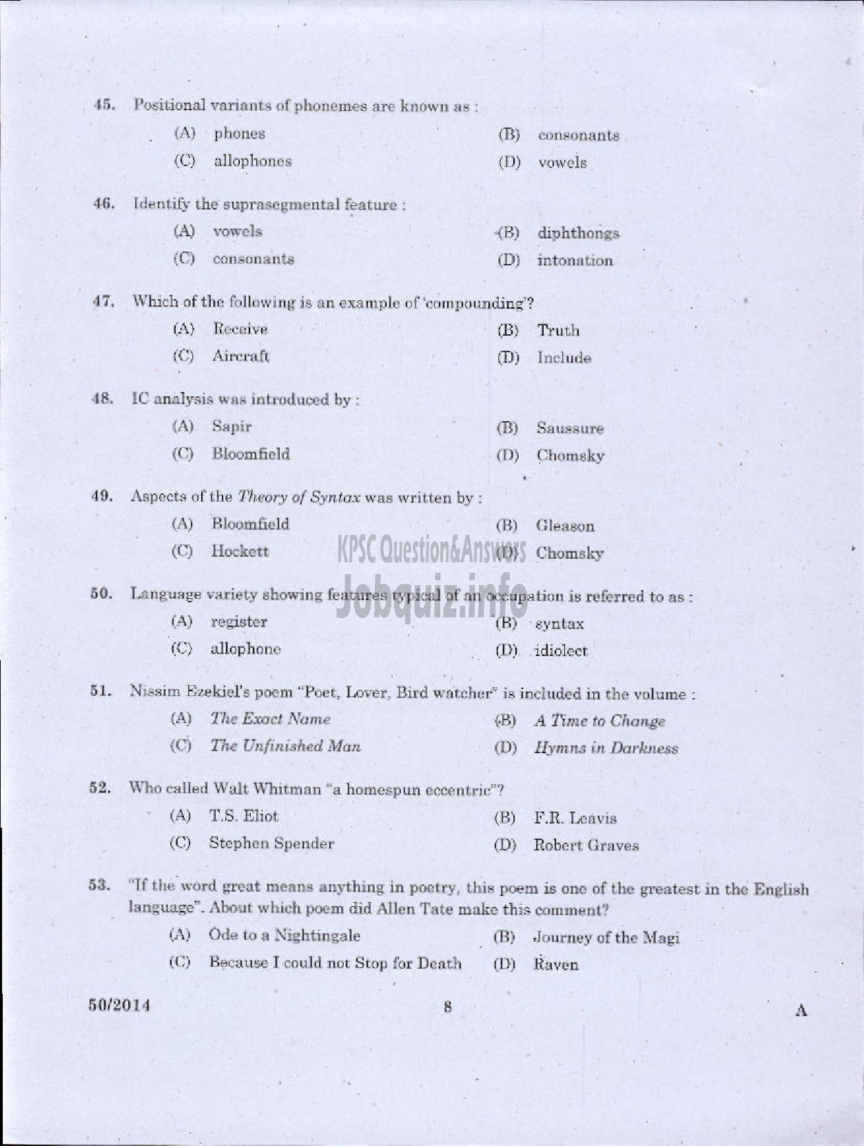 Kerala PSC Question Paper - LECTURER IN ENGLISH KERALA COLLEGIATE EDUCATION-6