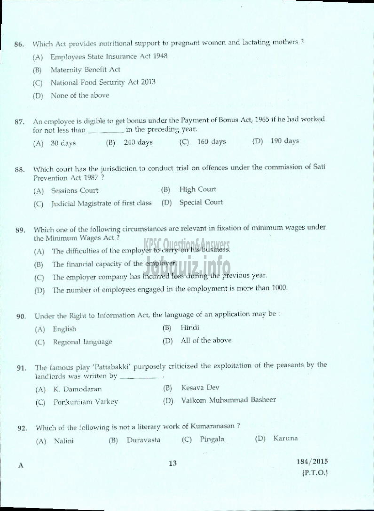 Kerala PSC Question Paper - LECTURER IN HINDI COLLEGIATE EDUCATION-9