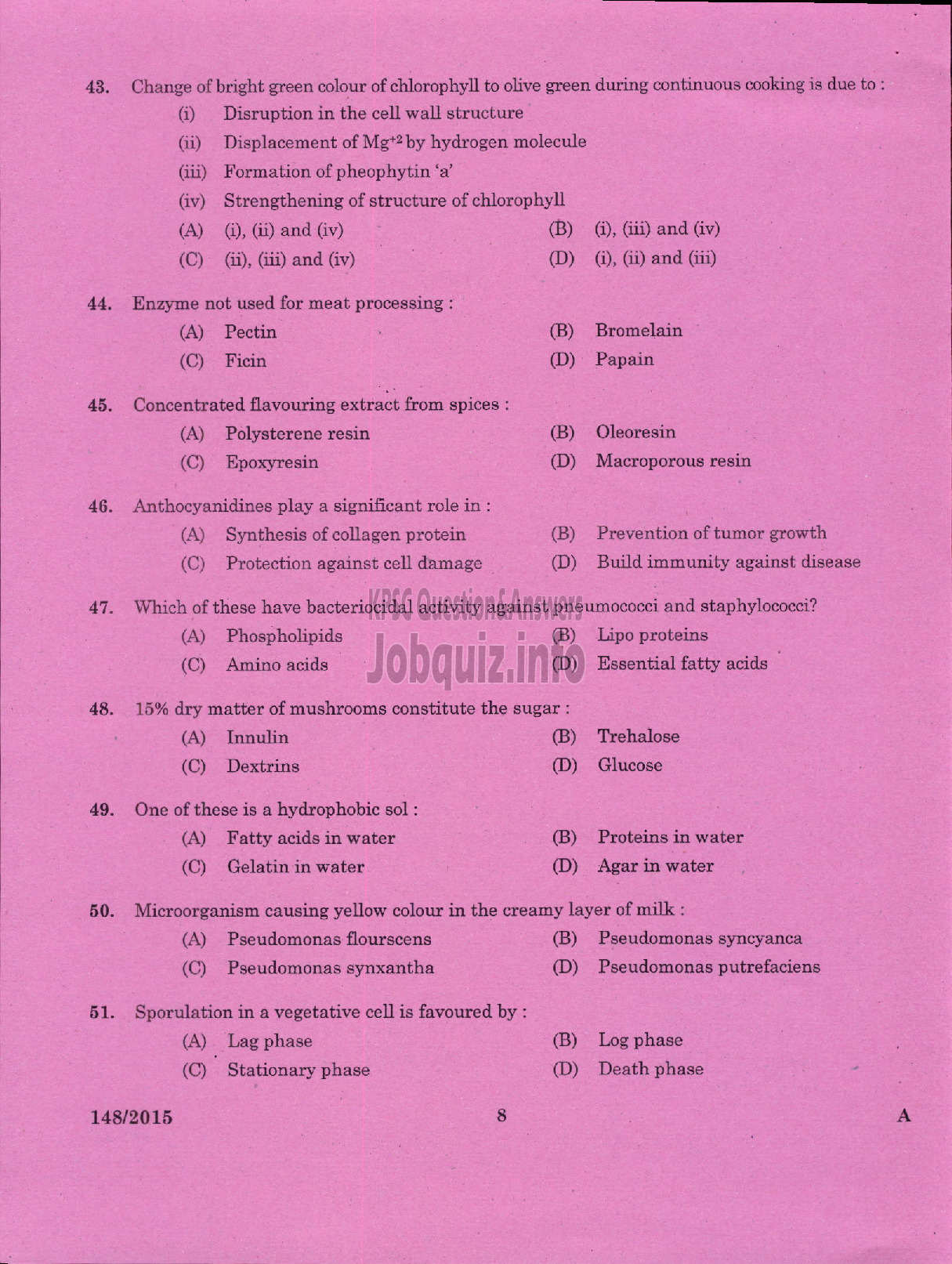 Kerala PSC Question Paper - LECTURER IN HOMESCIENCE FOOD AND NUTRITION COLLEGIATE EDUCATION-6