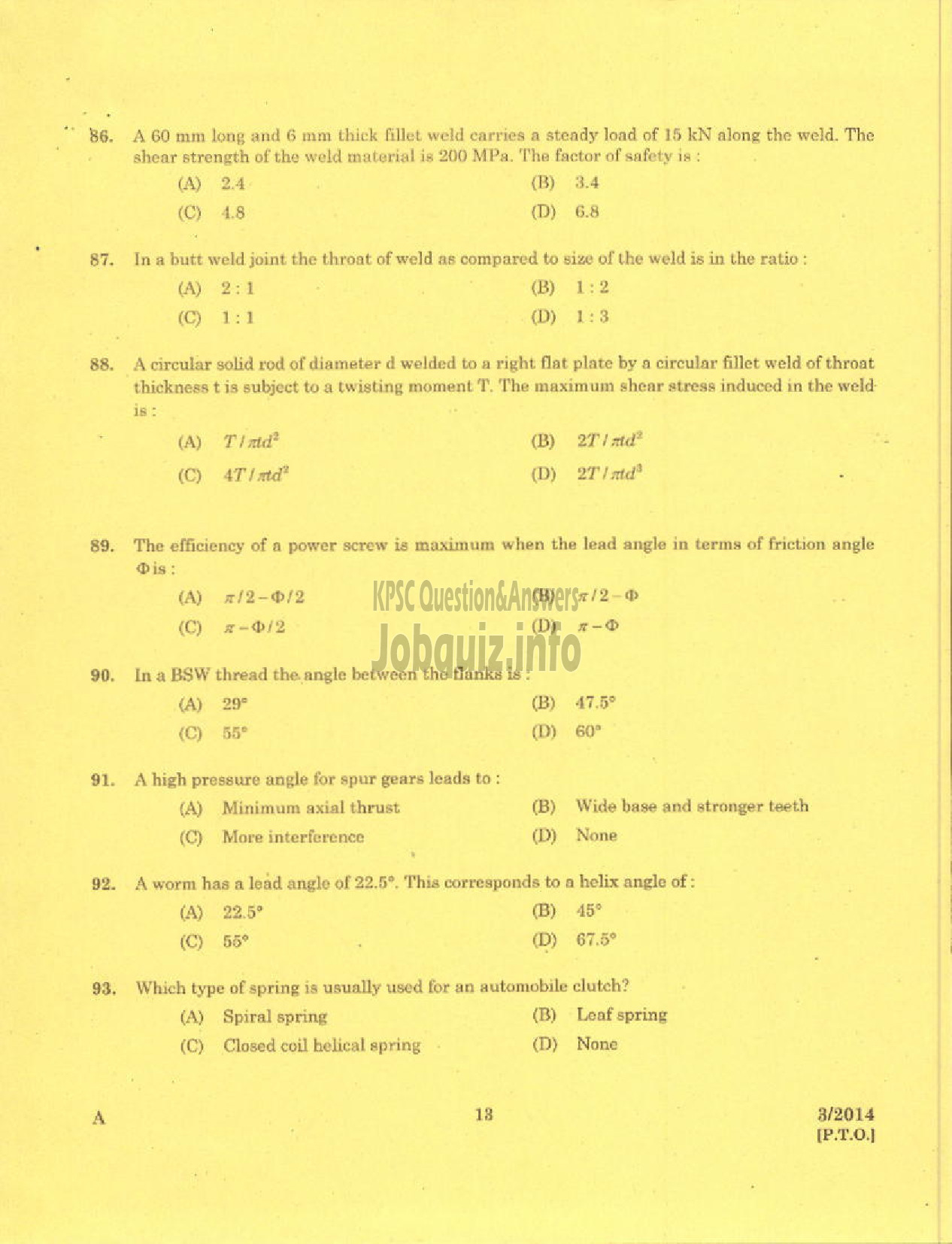 Kerala PSC Question Paper - LECTURER IN MACHANICAL ENGINEERING POLYTECHNICS TECHNICAL EDUCATION-11
