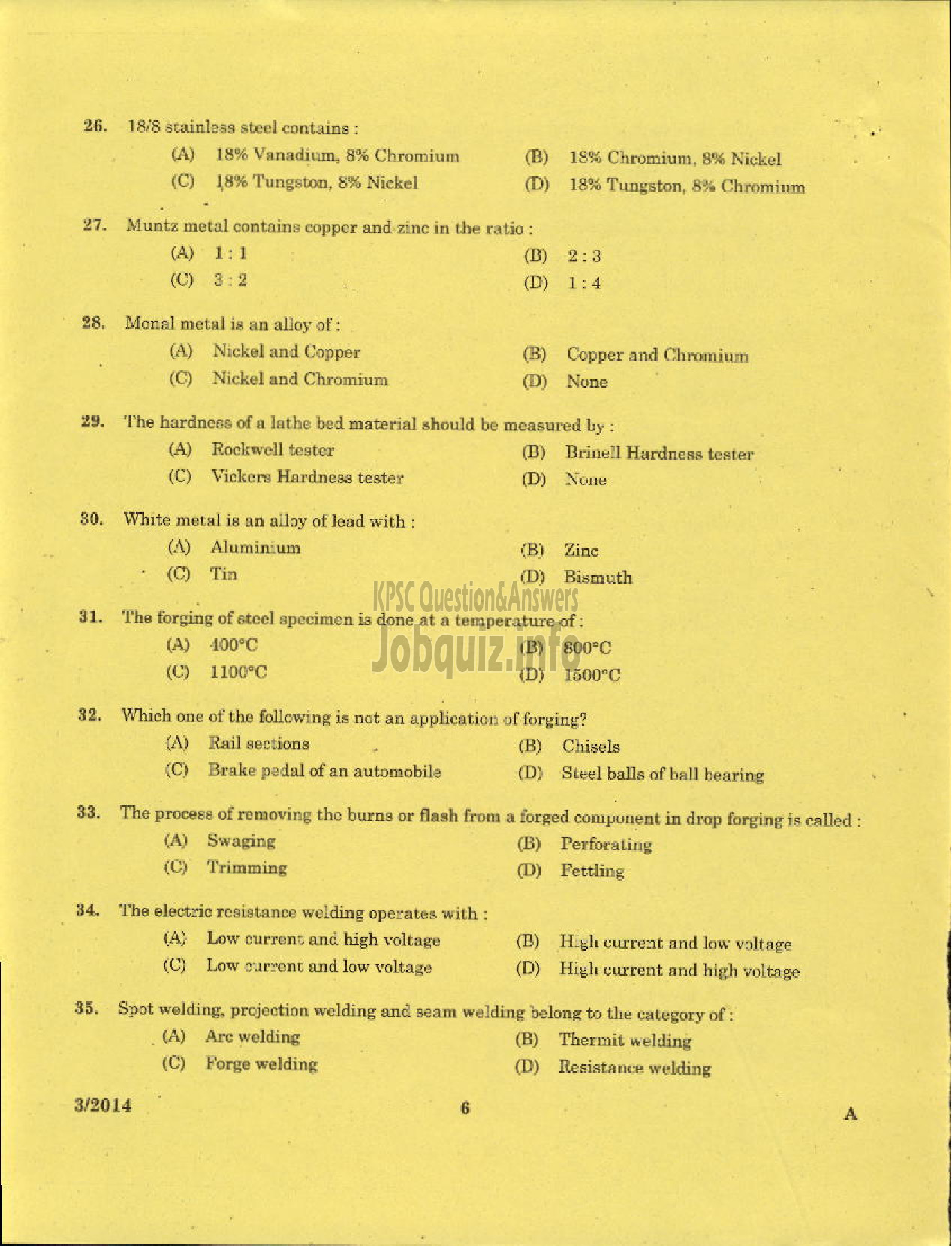 Kerala PSC Question Paper - LECTURER IN MACHANICAL ENGINEERING POLYTECHNICS TECHNICAL EDUCATION-4