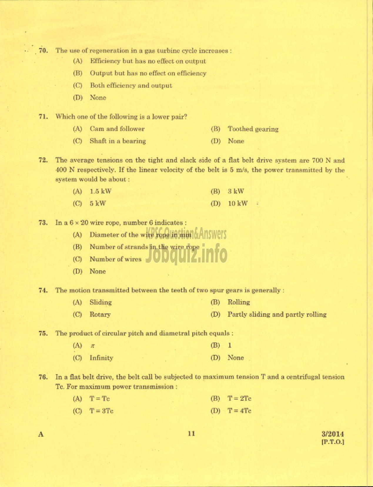 Kerala PSC Question Paper - LECTURER IN MACHANICAL ENGINEERING POLYTECHNICS TECHNICAL EDUCATION-9