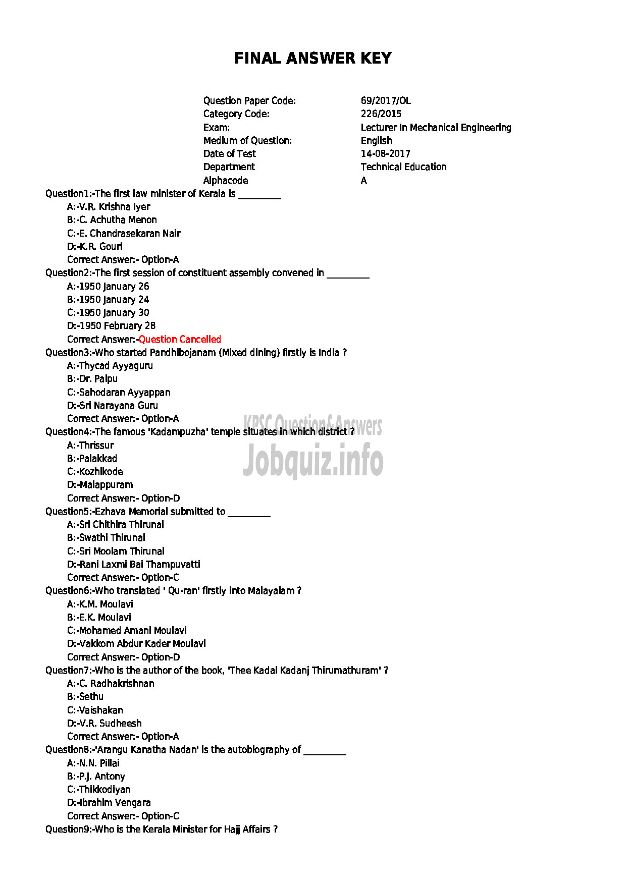 Kerala PSC Question Paper - LECTURER IN MECHANICAL ENGINEERING TECHNICAL EDUCATION-1