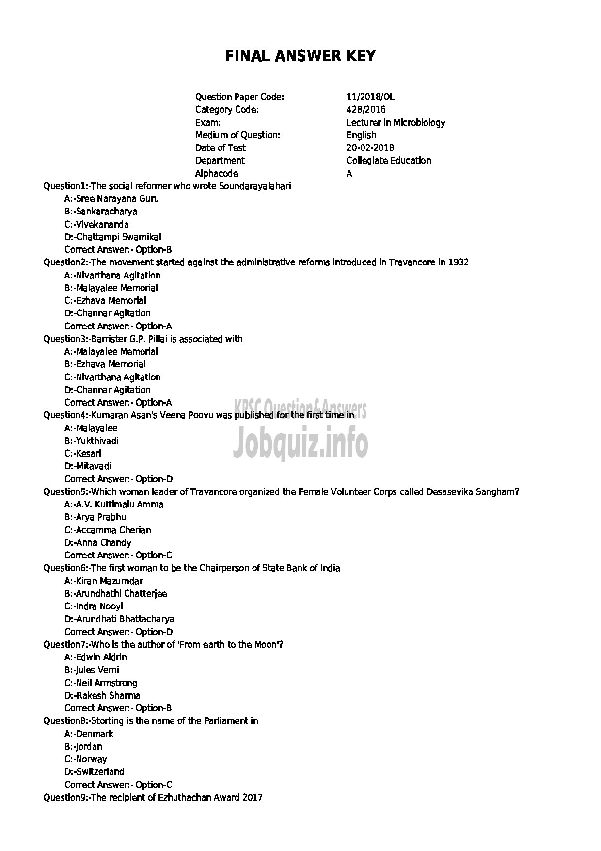 Kerala PSC Question Paper - LECTURER IN MICROBIOLOGY COLLEGIATE EDUCATION-1