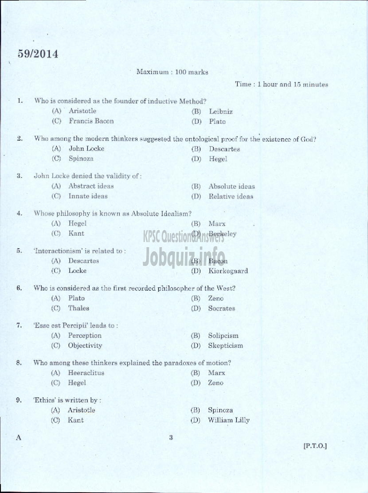Kerala PSC Question Paper - LECTURER IN PHILOSOPHY KERALA COLLEGIATE EDUCATION-1
