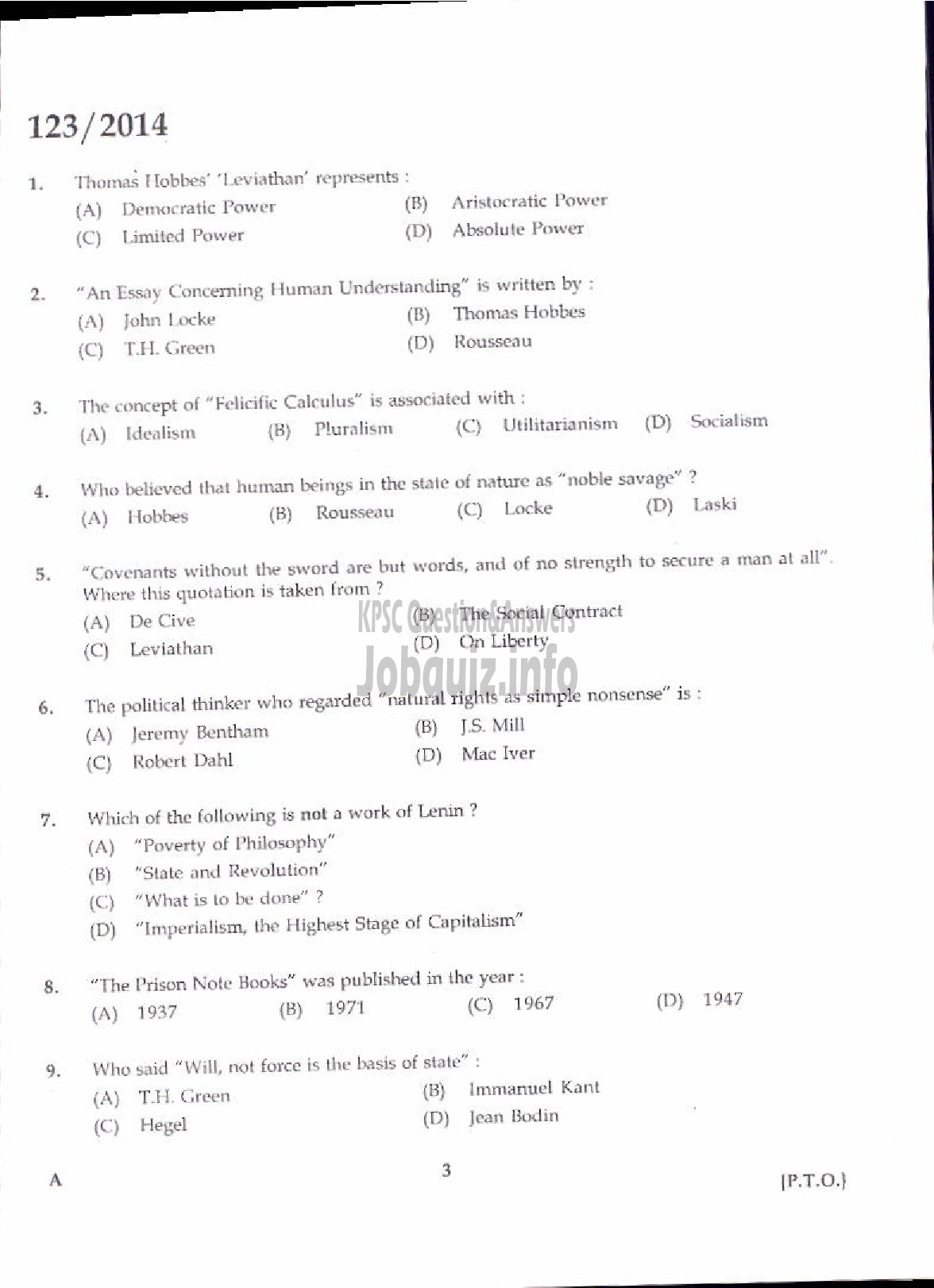 Kerala PSC Question Paper - LECTURER IN POLITICAL SCIENCE KERALA COLLEGIATE EDUCATION-1