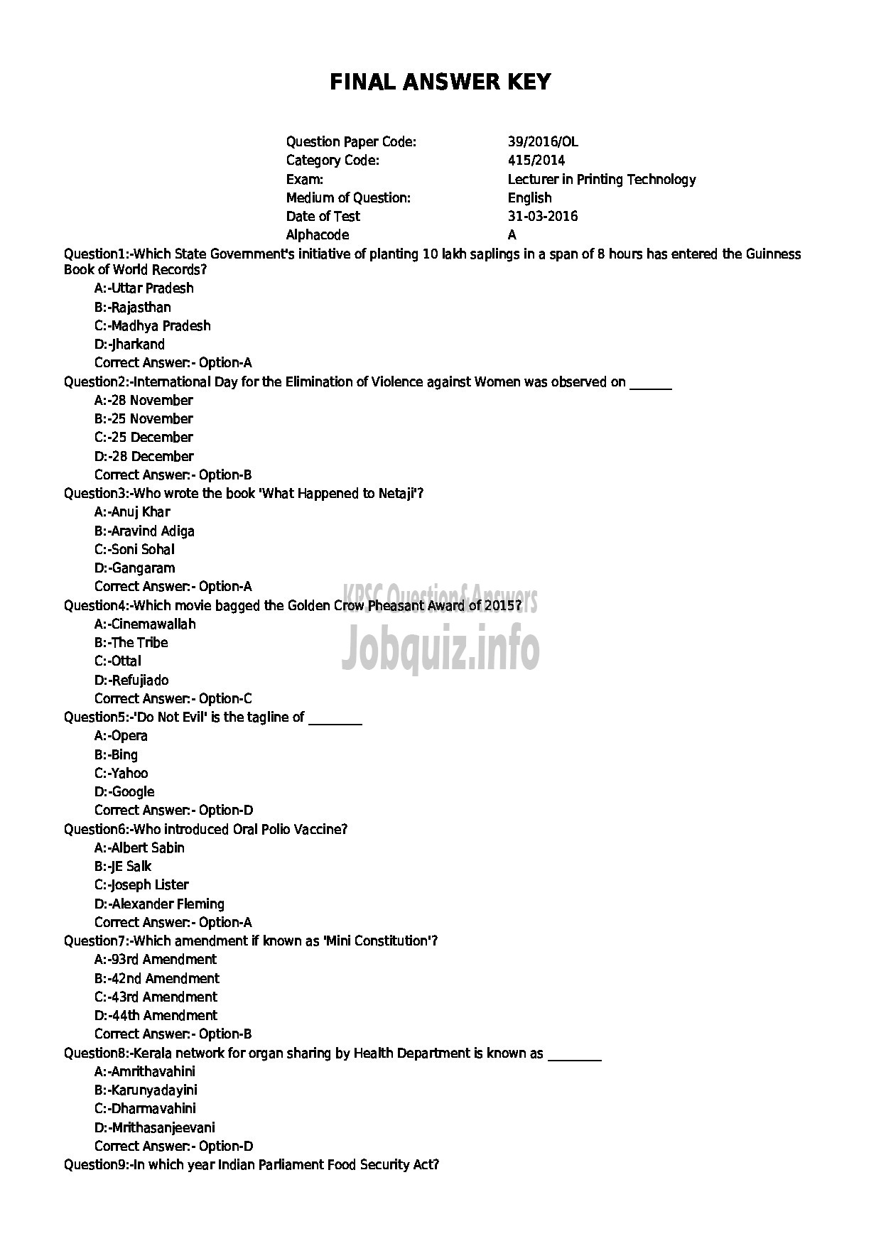 Kerala PSC Question Paper - LECTURER IN PRINTING TECHNOLOGY TECHNICAL EDUCATION POLYTECHNICS-1