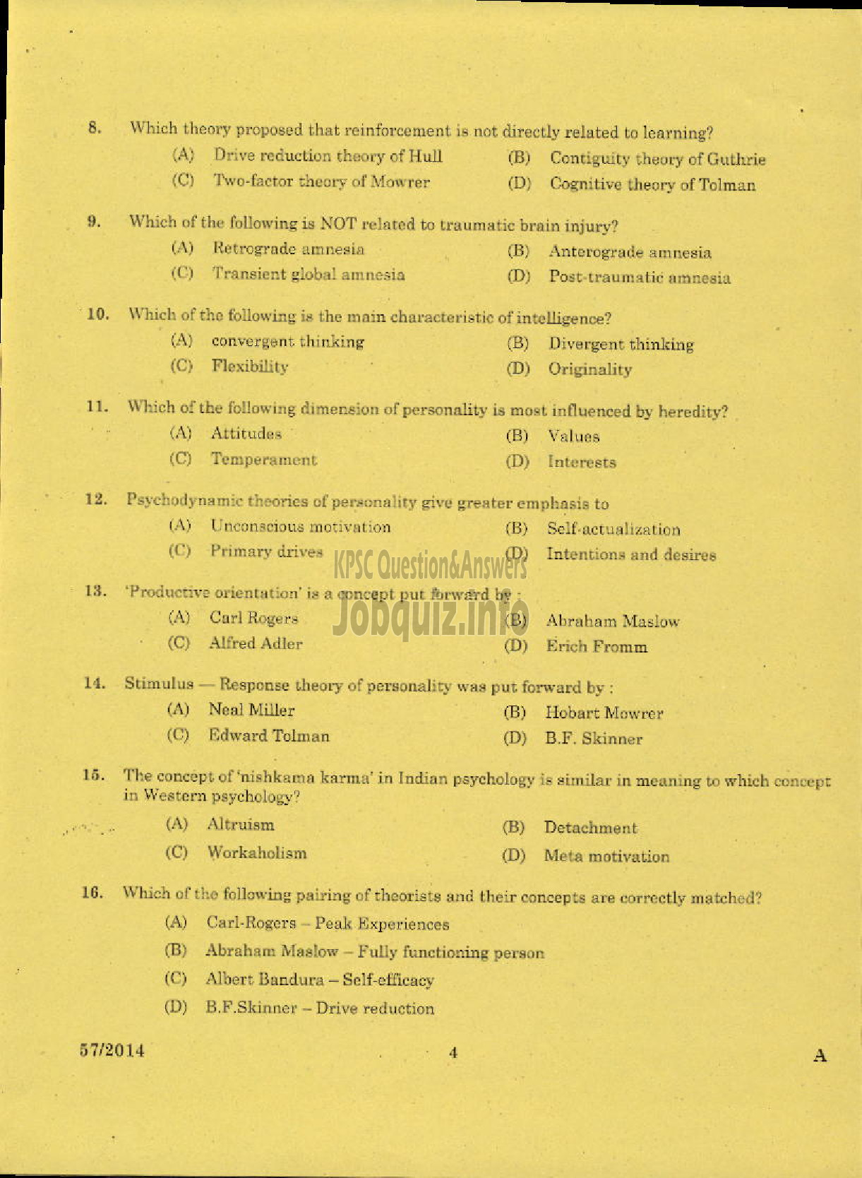 Kerala PSC Question Paper - LECTURER IN PSYCHOLOGY KERALA COLLEGIATE EDUCATION-2