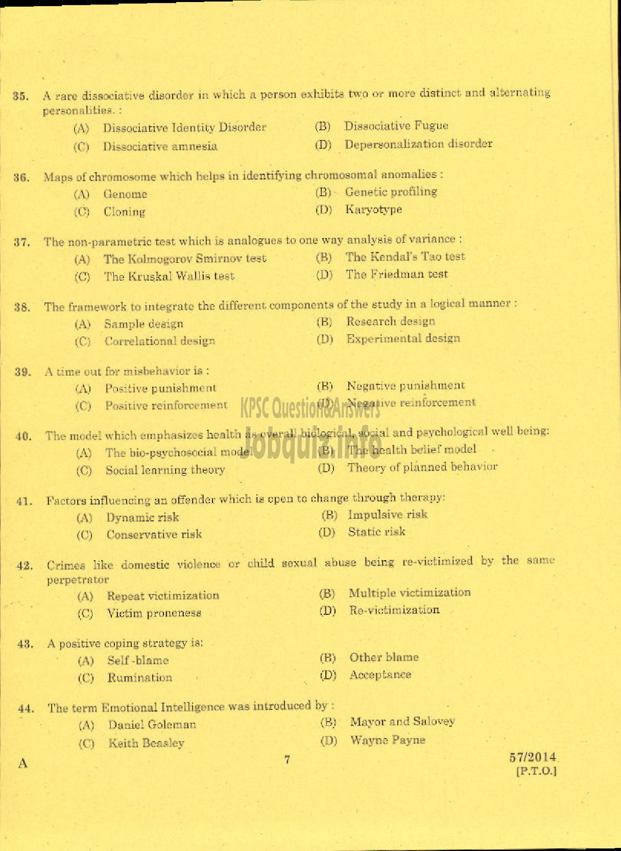 Kerala PSC Question Paper - LECTURER IN PSYCHOLOGY KERALA COLLEGIATE EDUCATION-5