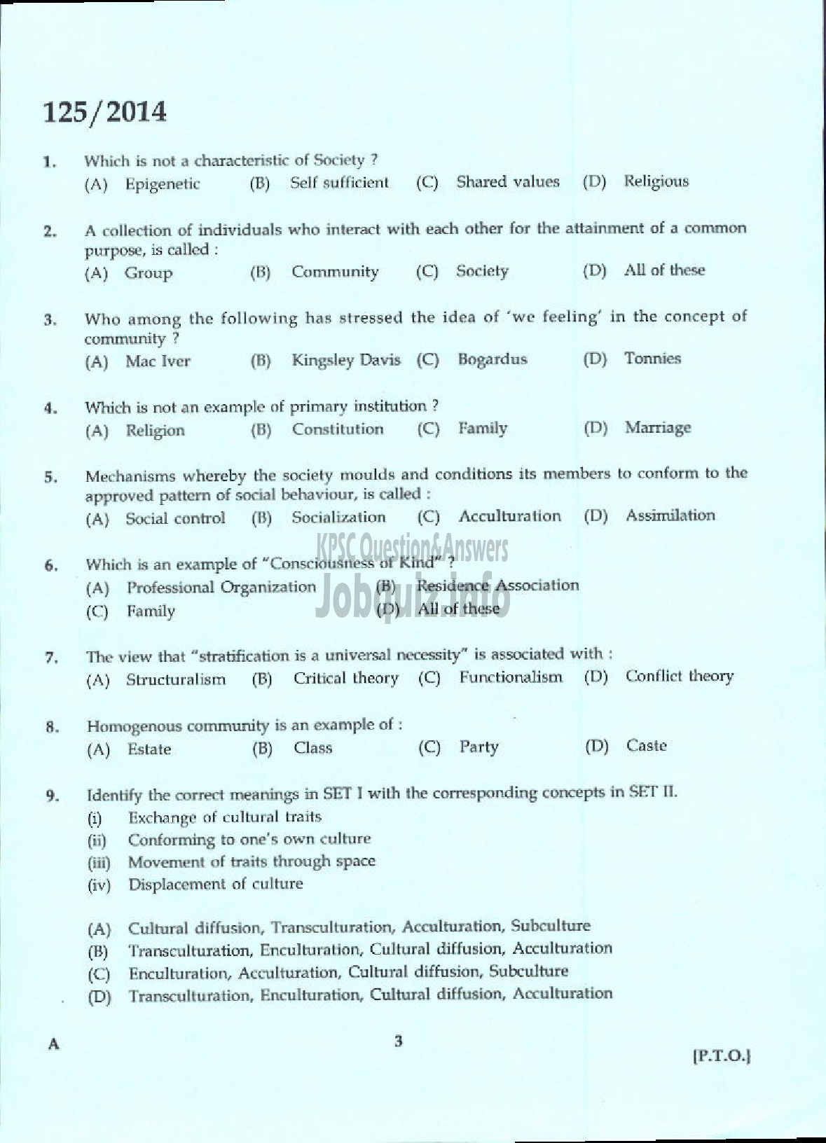 Kerala PSC Question Paper - LECTURER IN SOCIOLOGY KERALA COLLEGIATE EDUCATION-1