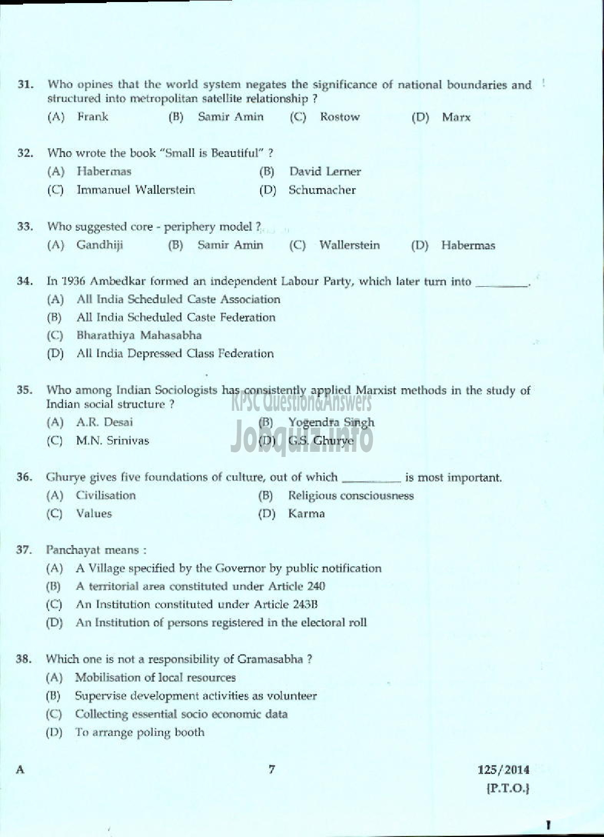 Kerala PSC Question Paper - LECTURER IN SOCIOLOGY KERALA COLLEGIATE EDUCATION-5