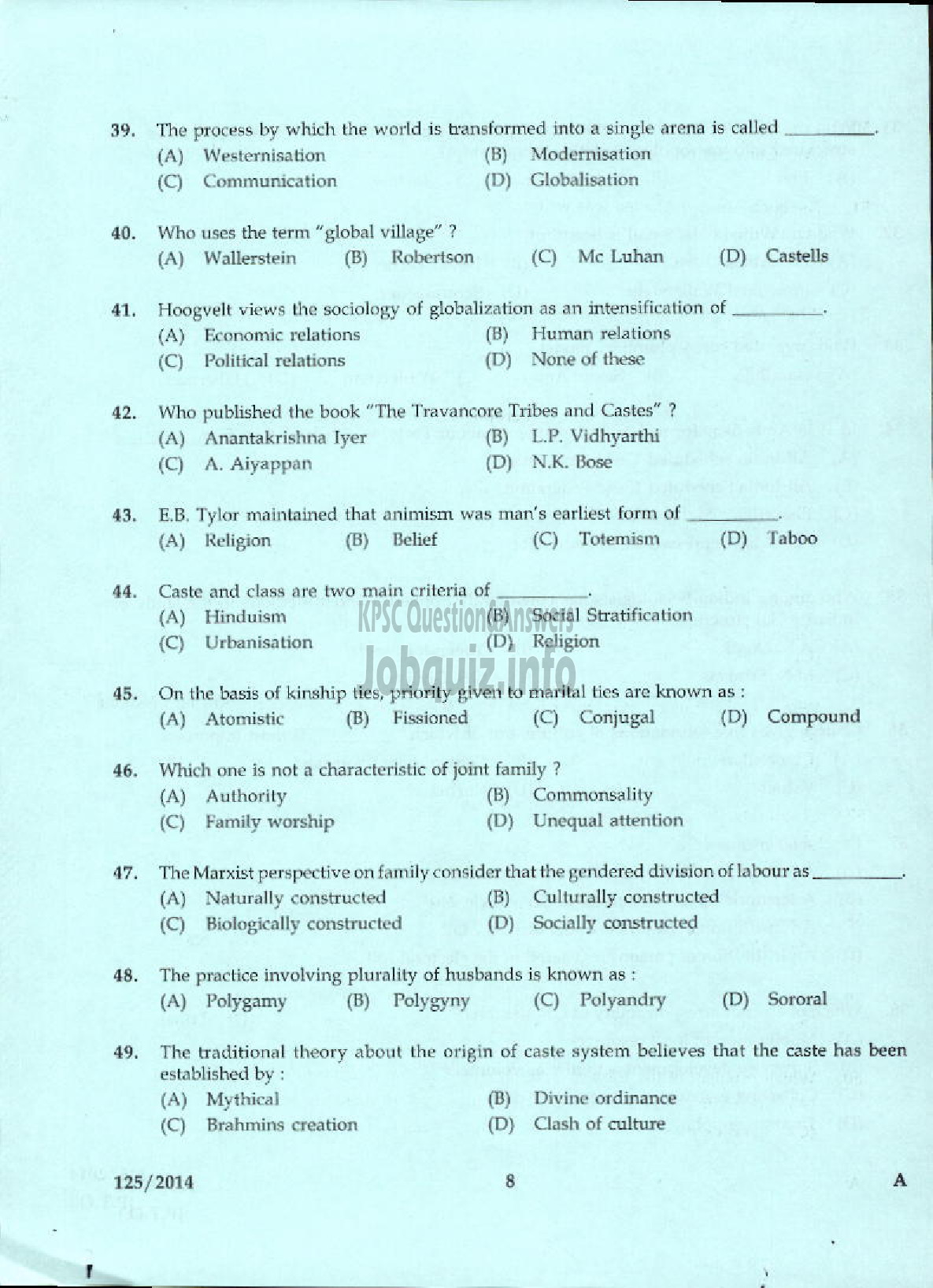Kerala PSC Question Paper - LECTURER IN SOCIOLOGY KERALA COLLEGIATE EDUCATION-6