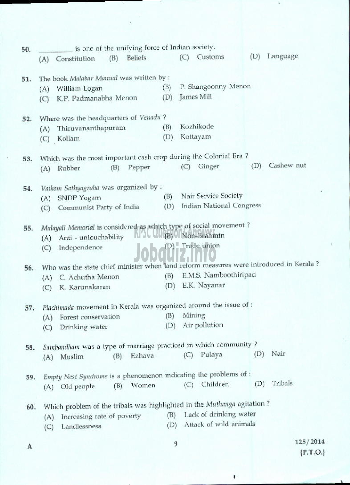 Kerala PSC Question Paper - LECTURER IN SOCIOLOGY KERALA COLLEGIATE EDUCATION-7
