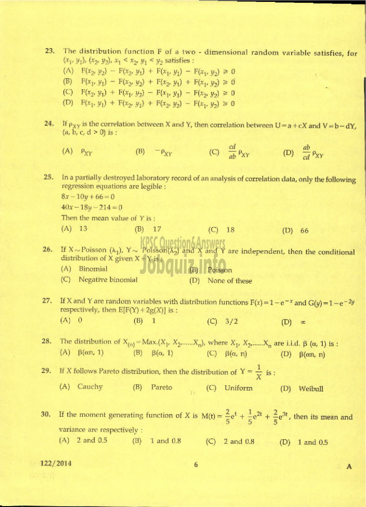 Kerala PSC Question Paper - LECTURER IN STATISTICS KERALA COLLEGIATE EDUCATION-4