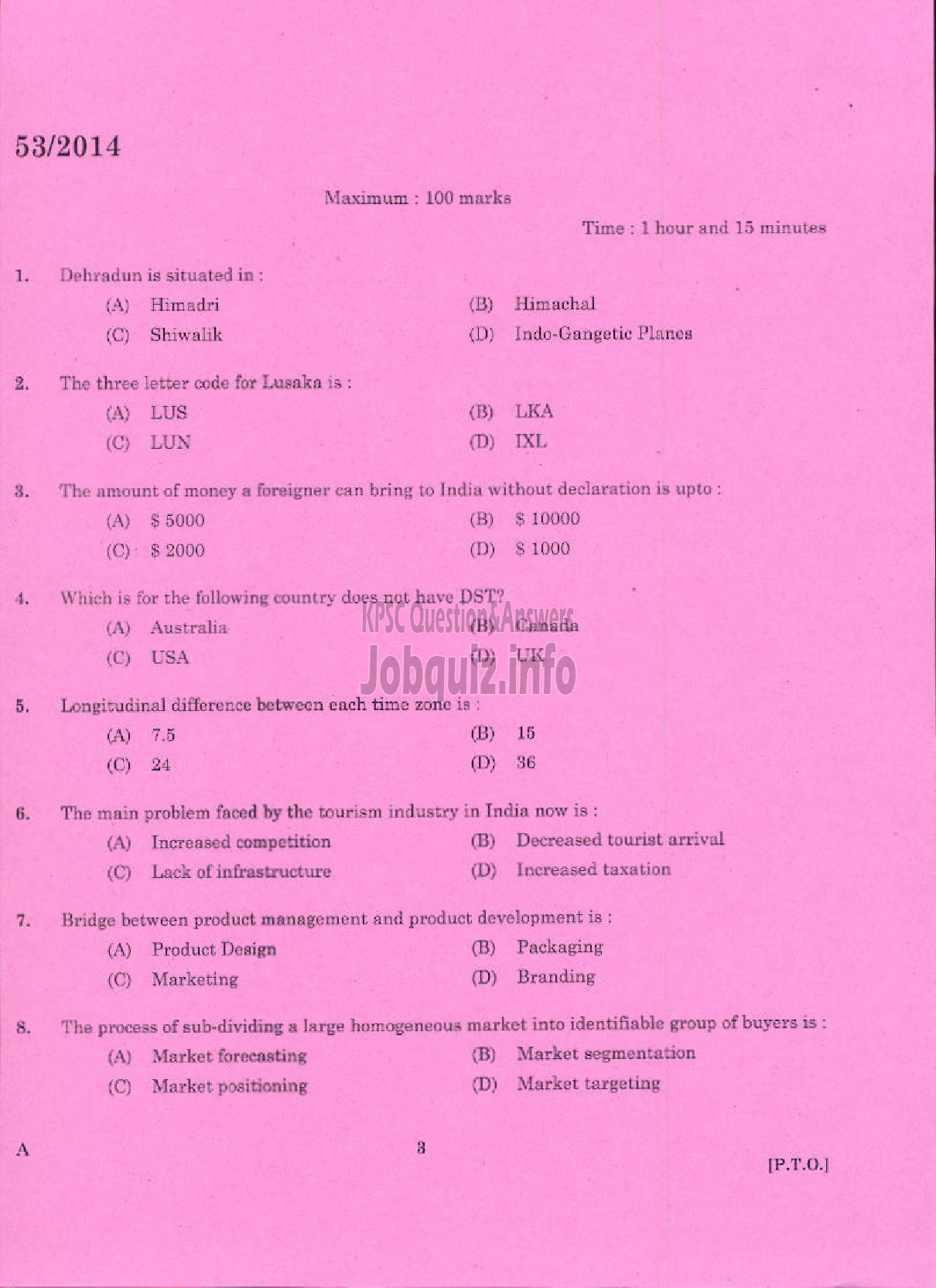 Kerala PSC Question Paper - LECTURER IN TRAVEL AND TOURISM KERALA COLLEGIATE EDUCATION-1