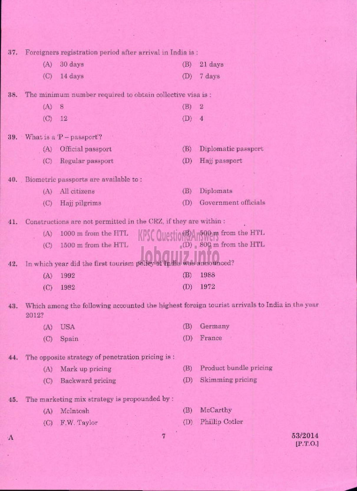 Kerala PSC Question Paper - LECTURER IN TRAVEL AND TOURISM KERALA COLLEGIATE EDUCATION-5