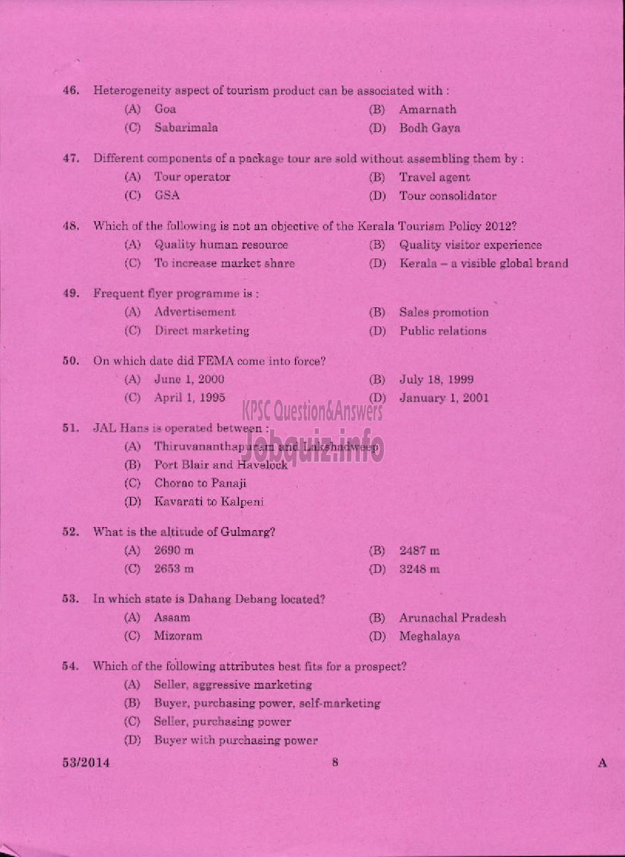 Kerala PSC Question Paper - LECTURER IN TRAVEL AND TOURISM KERALA COLLEGIATE EDUCATION-6