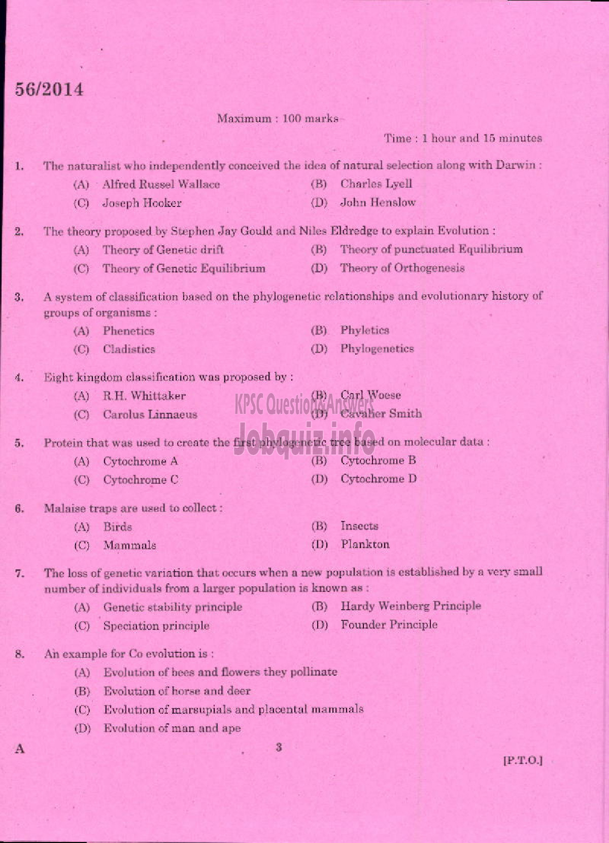 Kerala PSC Question Paper - LECTURER IN ZOOLOGY KERALA COLLEGIATE EDUCATION-1