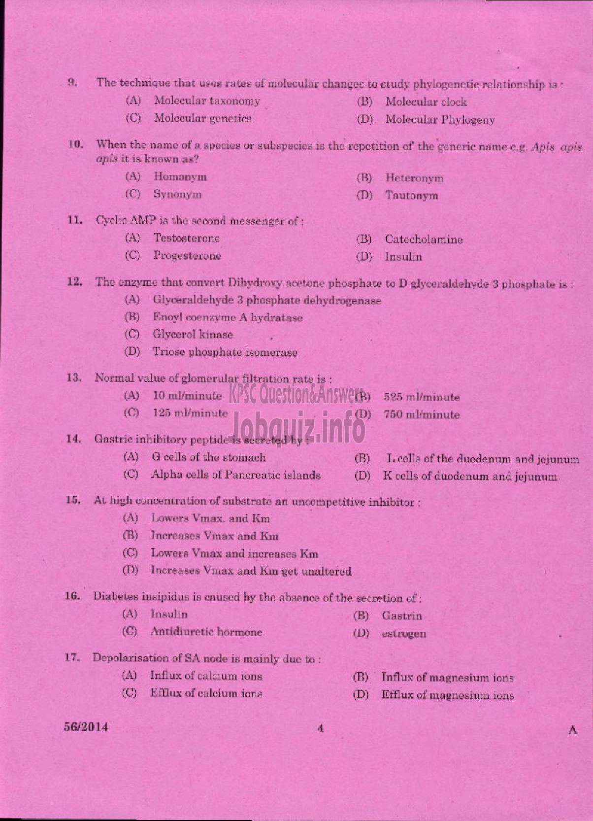 Kerala PSC Question Paper - LECTURER IN ZOOLOGY KERALA COLLEGIATE EDUCATION-2
