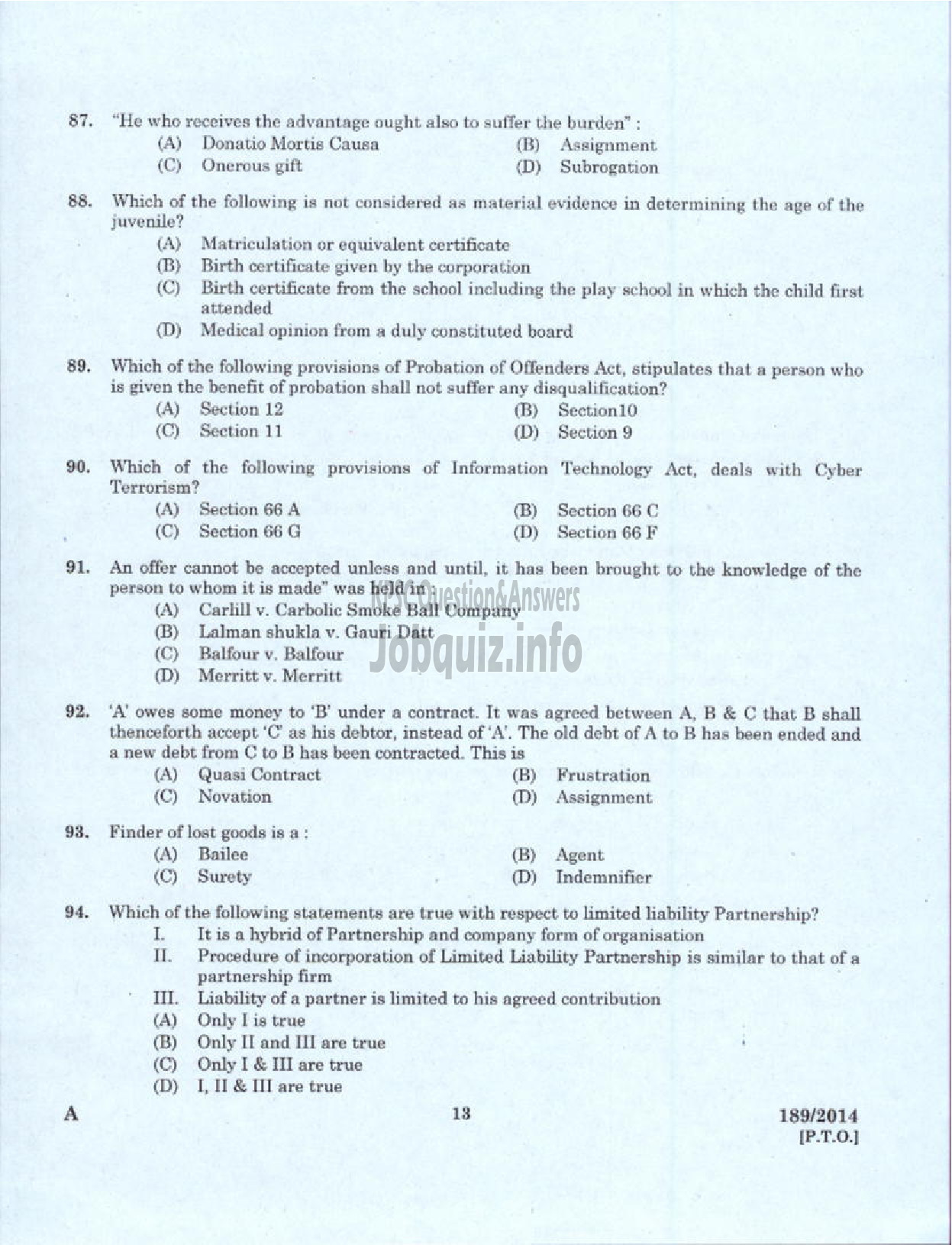 Kerala PSC Question Paper - LEGAL OFFICER KERALA FINANCIAL CORPORATION ALPY IDKY EKM-11