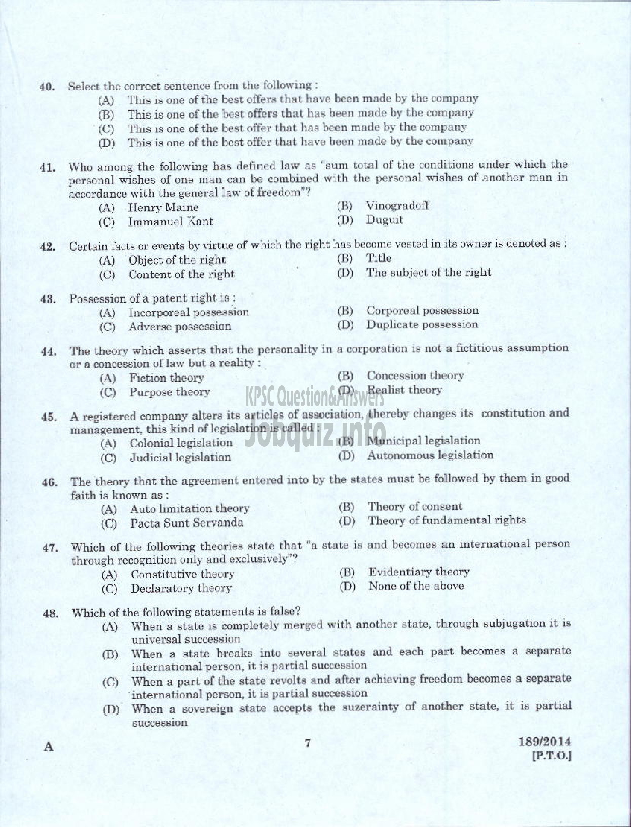 Kerala PSC Question Paper - LEGAL OFFICER KERALA FINANCIAL CORPORATION ALPY IDKY EKM-5