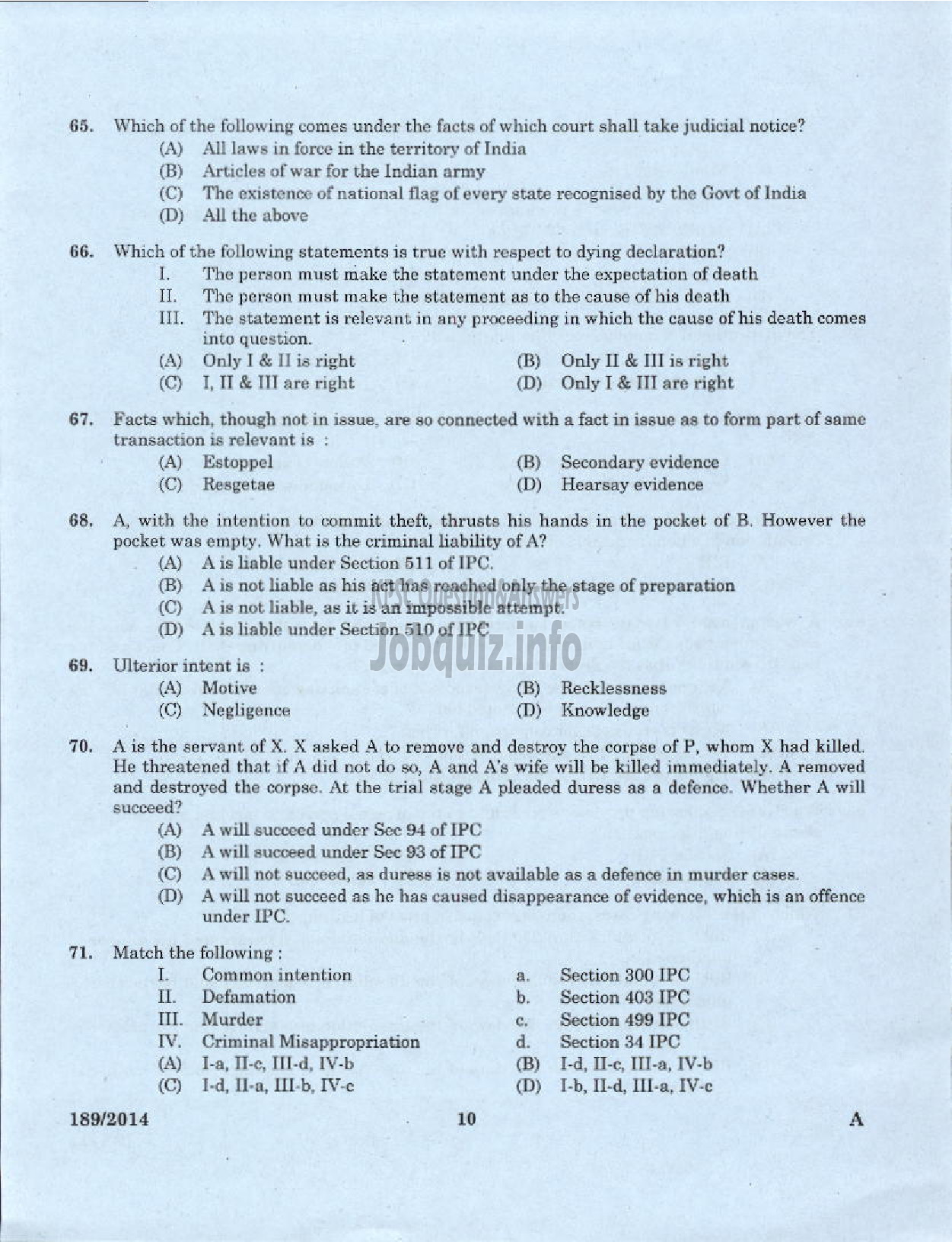 Kerala PSC Question Paper - LEGAL OFFICER KERALA FINANCIAL CORPORATION ALPY IDKY EKM-8