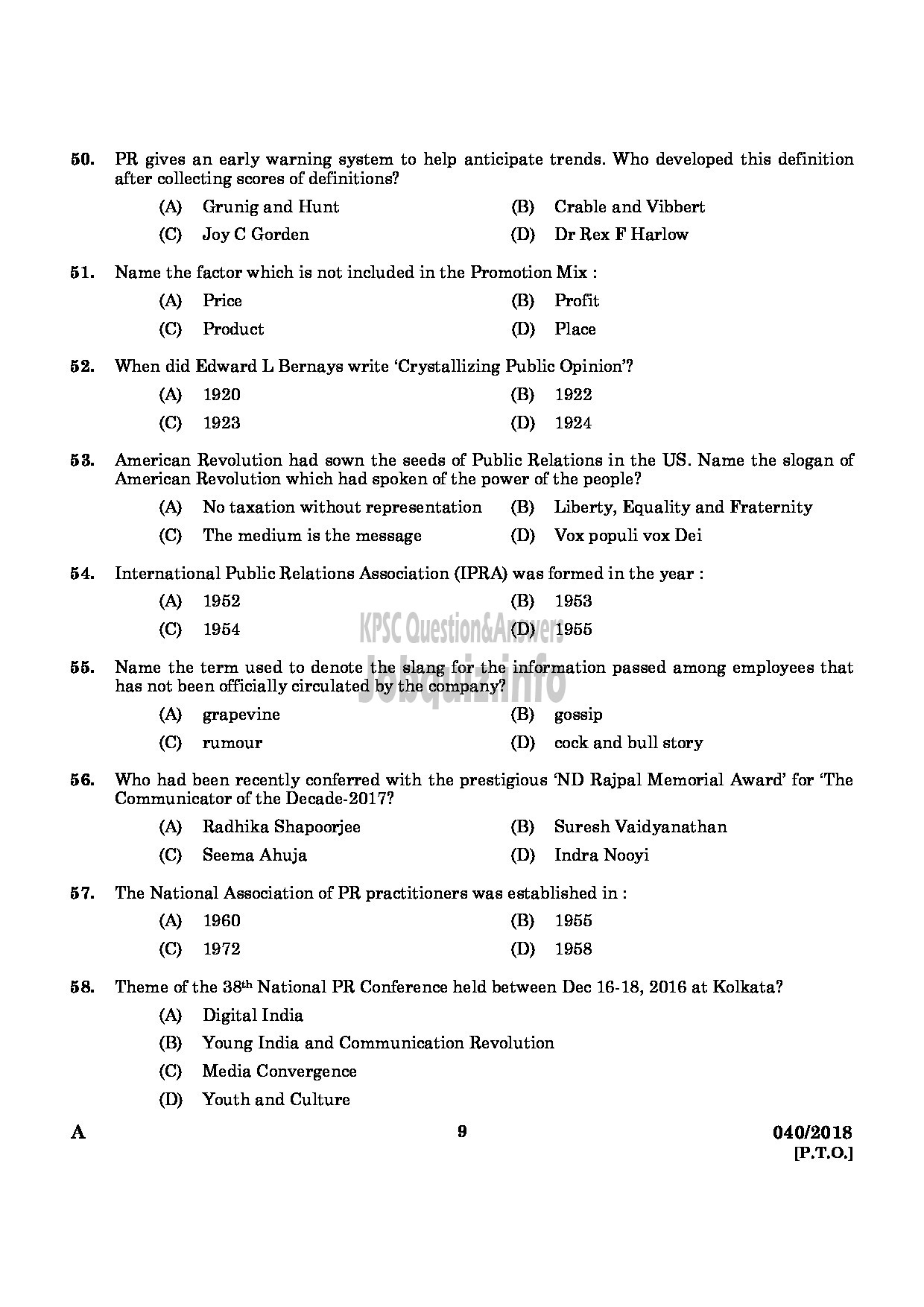 Kerala PSC Question Paper - LIAISON OFFICER CUM ASSISTANT PERSONNEL OFFICER KELPALM-7