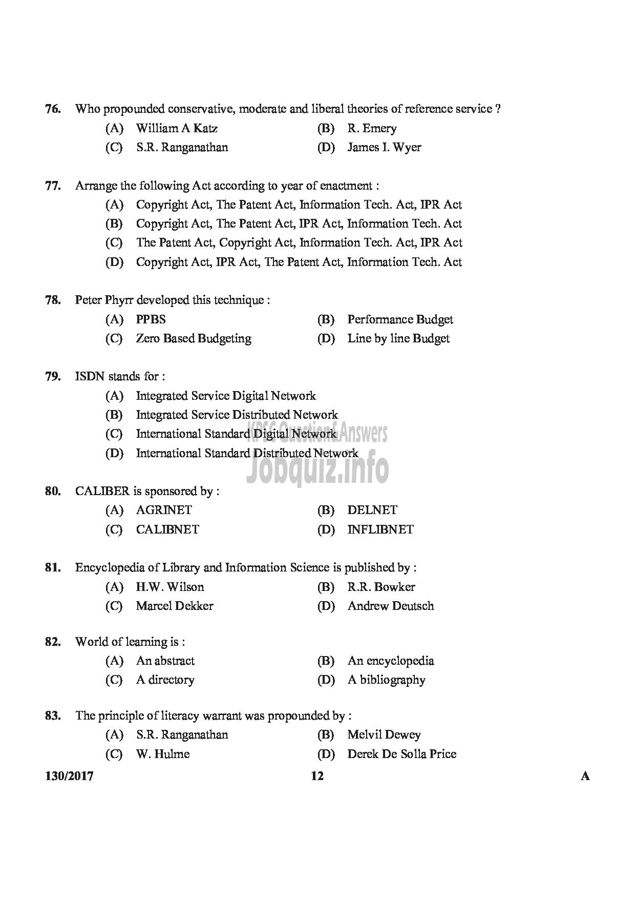 Kerala PSC Question Paper - LIBRARIAN GRADE IV PANCHAYAT-12