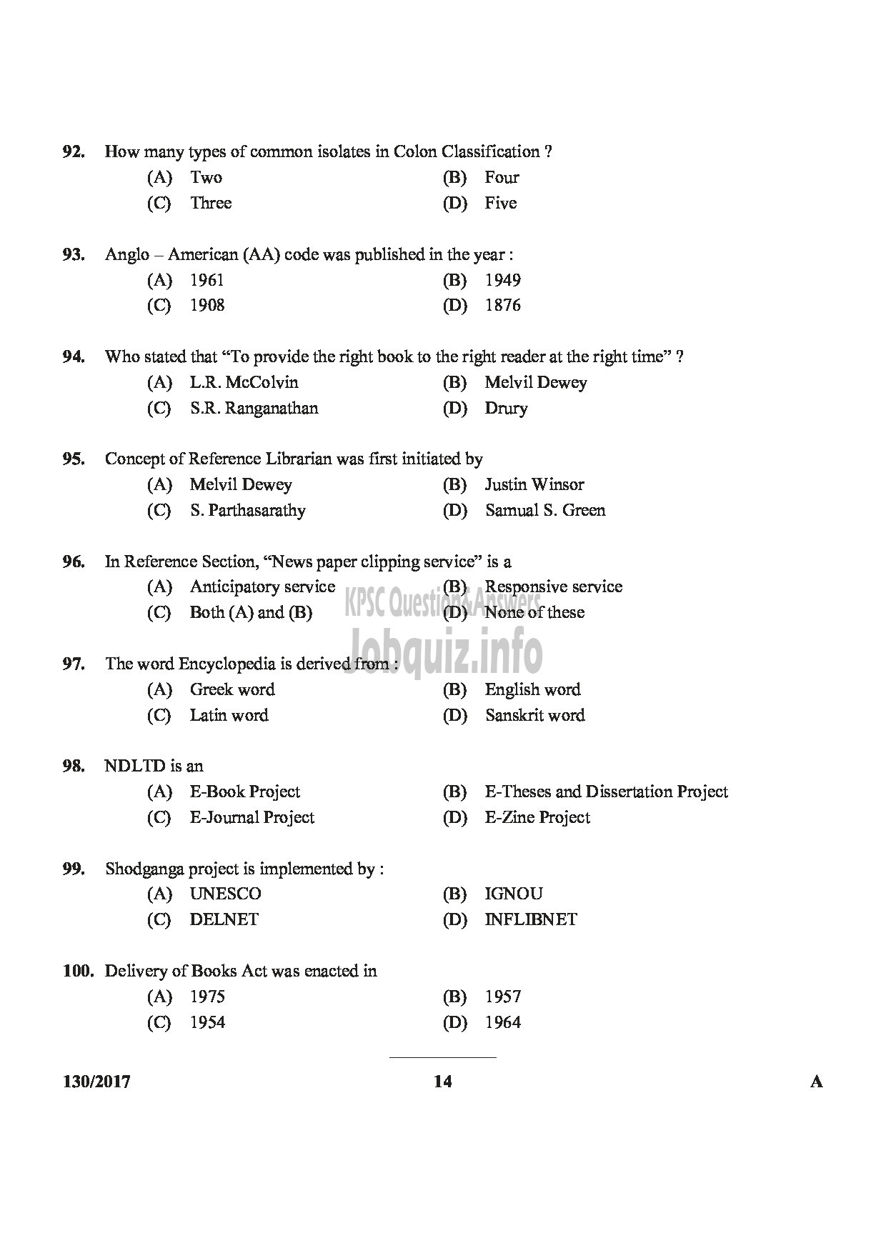 Kerala PSC Question Paper - LIBRARIAN GRADE IV PANCHAYAT-14