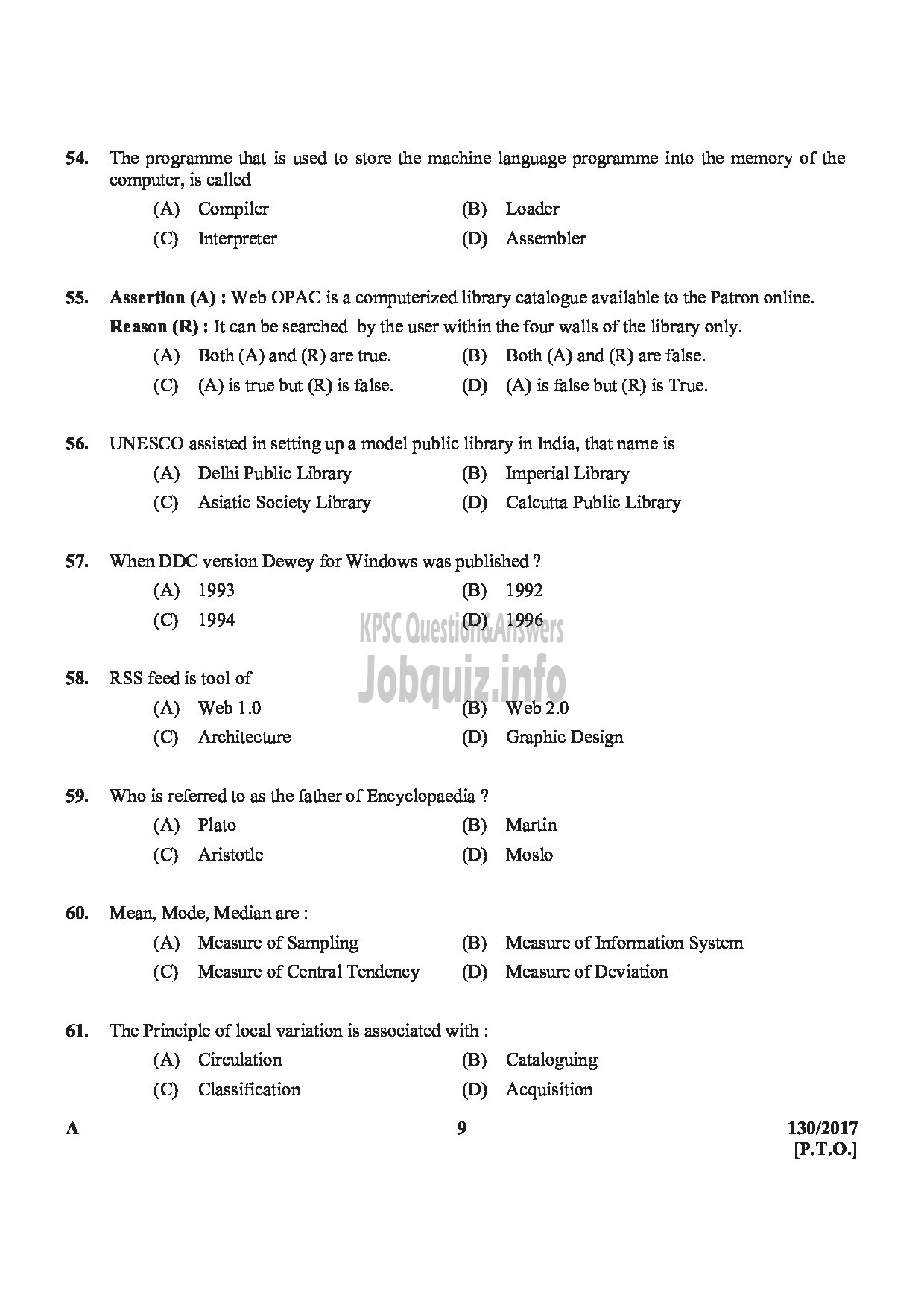 Kerala PSC Question Paper - LIBRARIAN GRADE IV PANCHAYAT-9