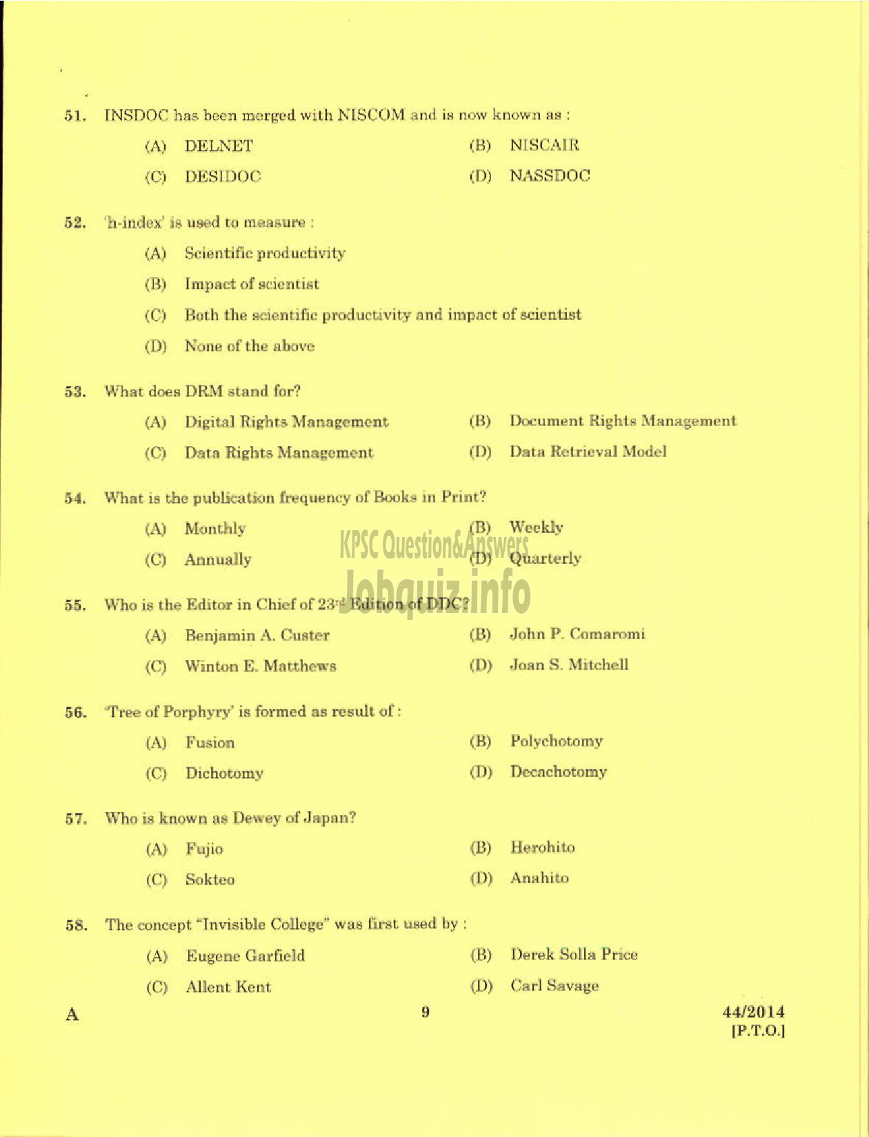 Kerala PSC Question Paper - LIBRARIAN GR II ALAPPUZHA KERALA MUNICIPAL COMMON SERVICE-7
