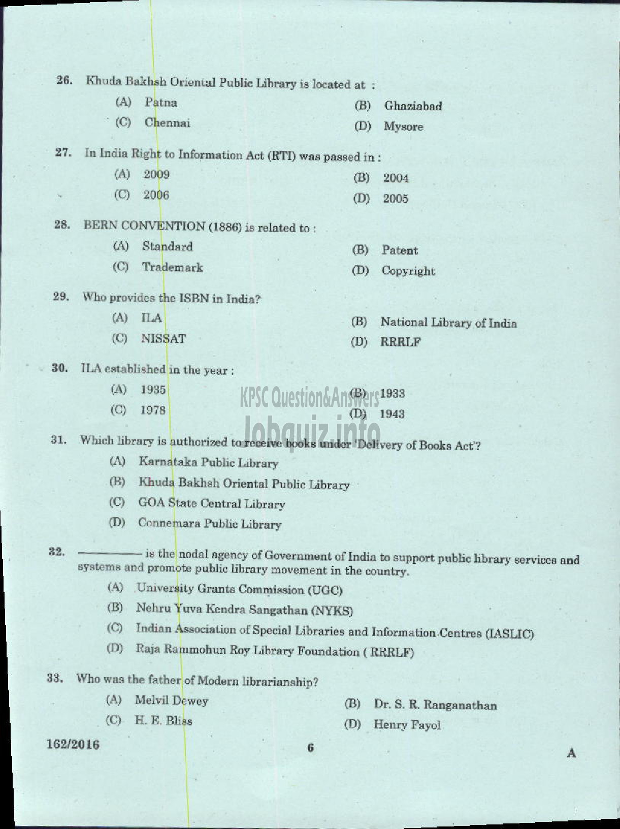 Kerala PSC Question Paper - LIBRARIAN GR IV KERALA COMMON POOL LIBRARY-4